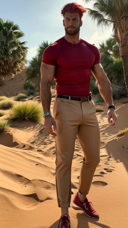 Tall, handsome, strong, muscular man with red hair tied in high ponytail, wearing a real-looking t-shirt, sand wool cut trousers, crown with rubies and sapphires, gold and platinum wrists, arms and ankles