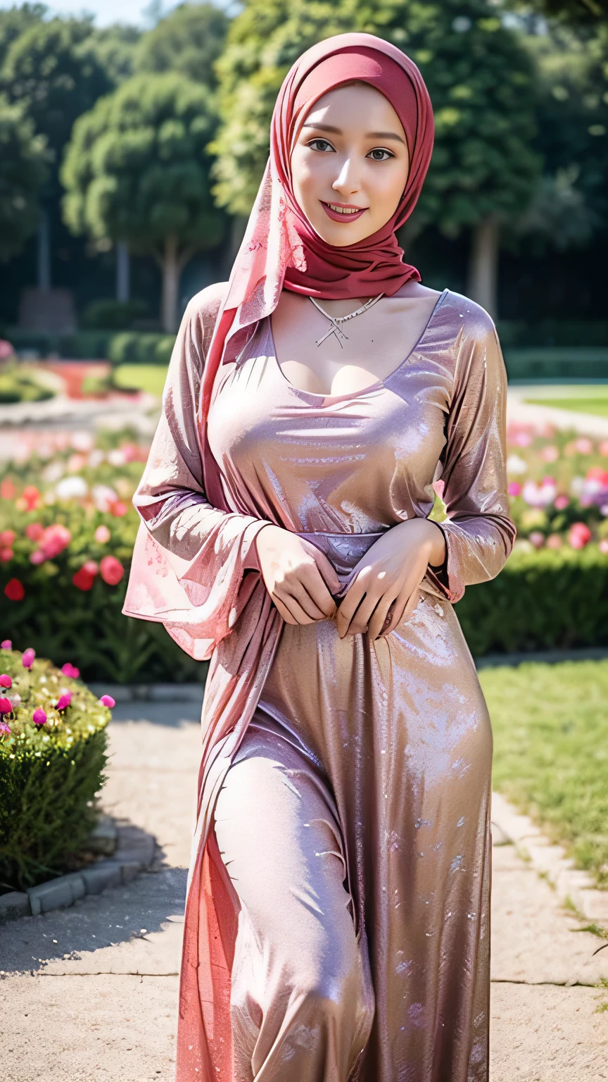 RAW, Best quality, high resolution, Masterpiece: 1.3), Beautiful Bella Hadid in hijab, Masterpiece, Perfect slim body, ((Big breasts)), Beautiful big eyes, water eyes, Soft smile, ((wearing tight red pastel floral malay gamis with closed hijab)), simple diamond necklace, ((closed clothes), ((polite clothes)), windy, skin details, skin texture details, wide hips, thick thighs, sexy body, morning time, laughing, happy, bright sunlight, flower garden path, blurred background, bokeh,