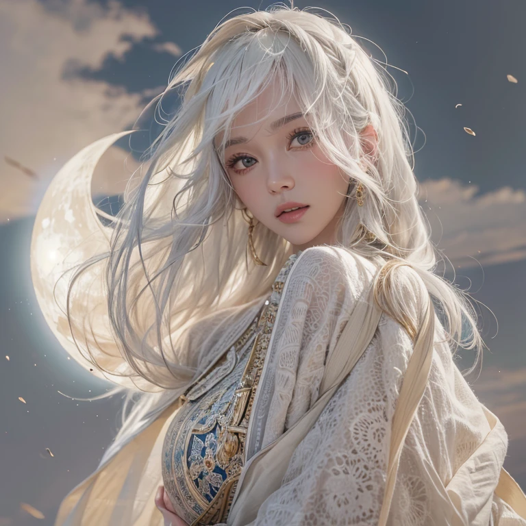 (highest quality、masterpiece、8k、Best image quality、Ultra-high resolution、Award-winning works)、A beautiful white-haired woman is looking at us from afar in the desert, where a flood of light is streaming from the moon.、Ancient Islamic clothing、Beautiful face drawn in every detail