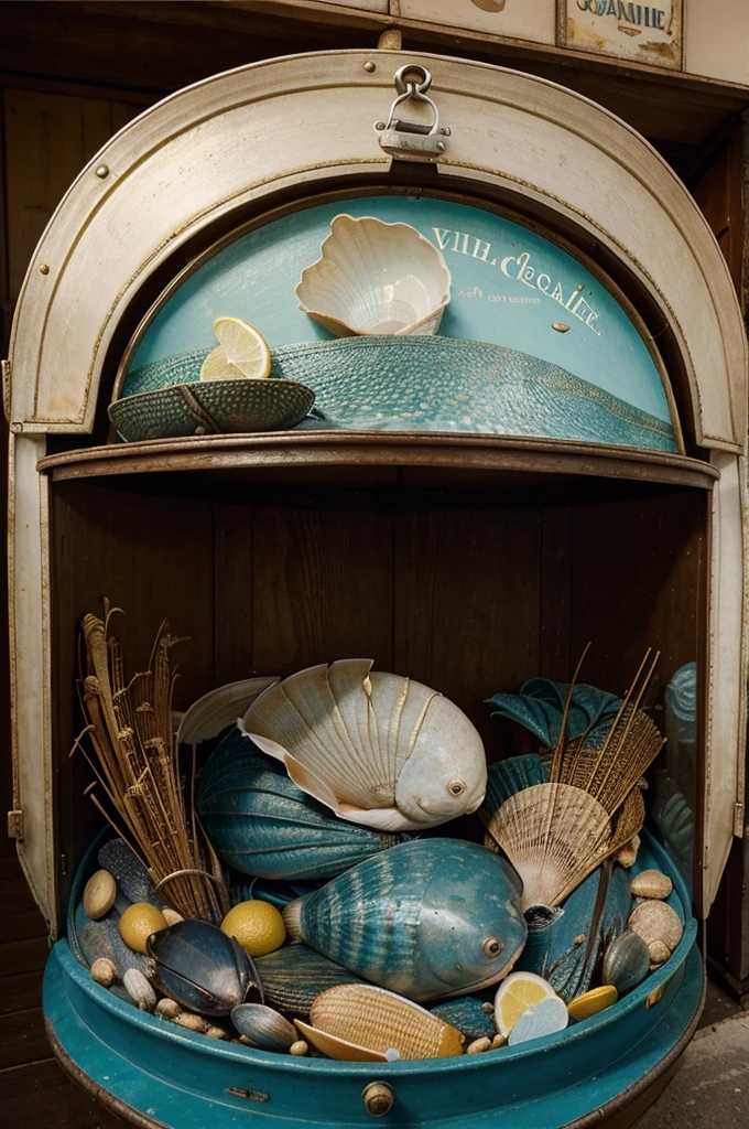 publicité vintage tradition coquillage age d'or , sea sea food ambiance fisherman&#39;s cabana, boutique d'huitres 1910, advertisement