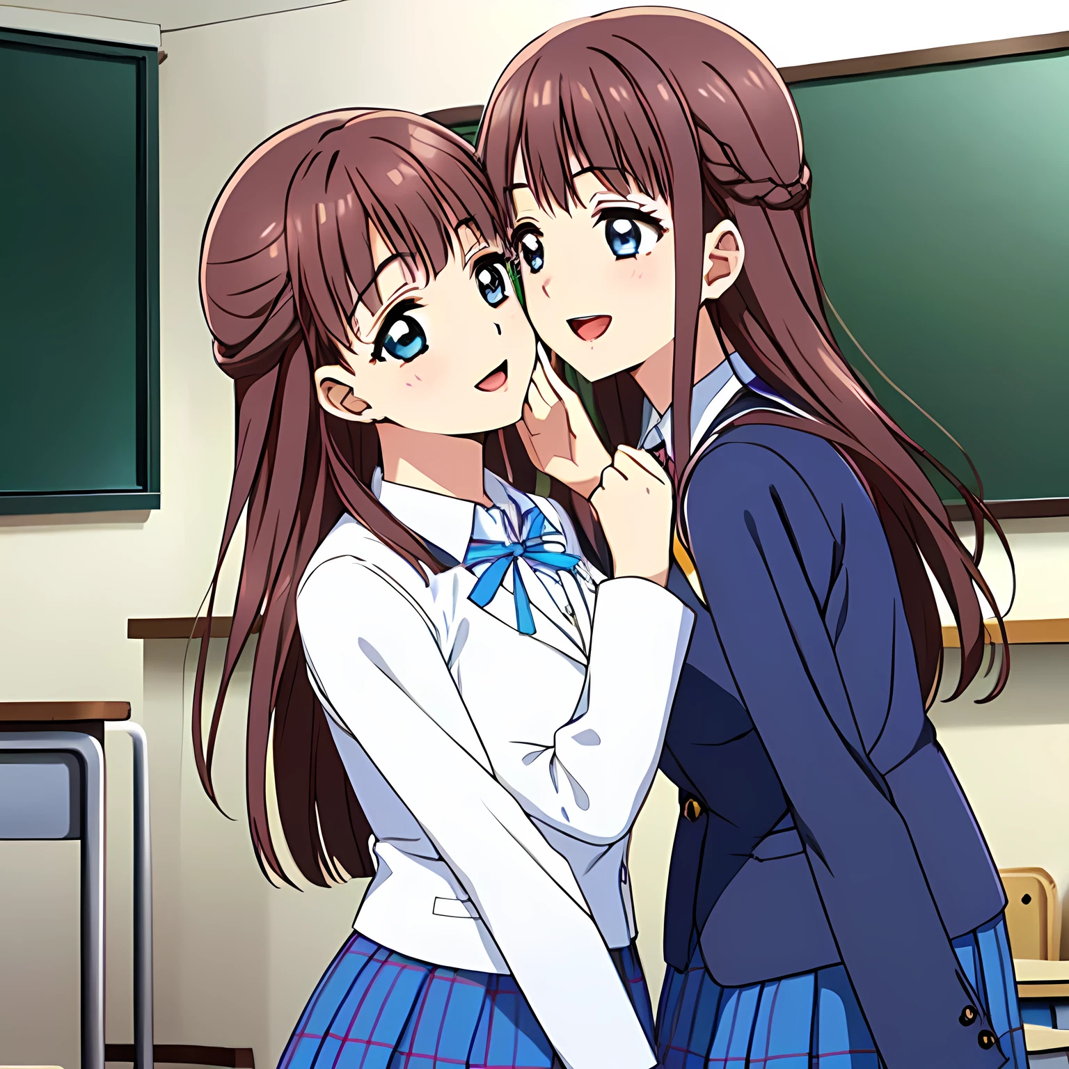 highest quality, (masterpiece:1.2), Very detailed, Game CG, (((Very beautiful girl in school uniform２Two fashion models kissing))), ((The girl everyone loves)), (((Brown and very shiny short bob hair))), (((Navy blue blazer))), ((Navy blue pleated long skirt)), ((((Very beautiful and shining eyes)))), ((Very long eyelashes)), A large crimson ribbon on the chest, ((An elegant expression like a noble princess)), (((A beautiful and enchanting smile))), Small face and great posture, ((Heavenly happiness)), (((The background is a school classroom with the wind blowing))), ((Very intelligent face)), ((Anime heroine smiling and open mouth))