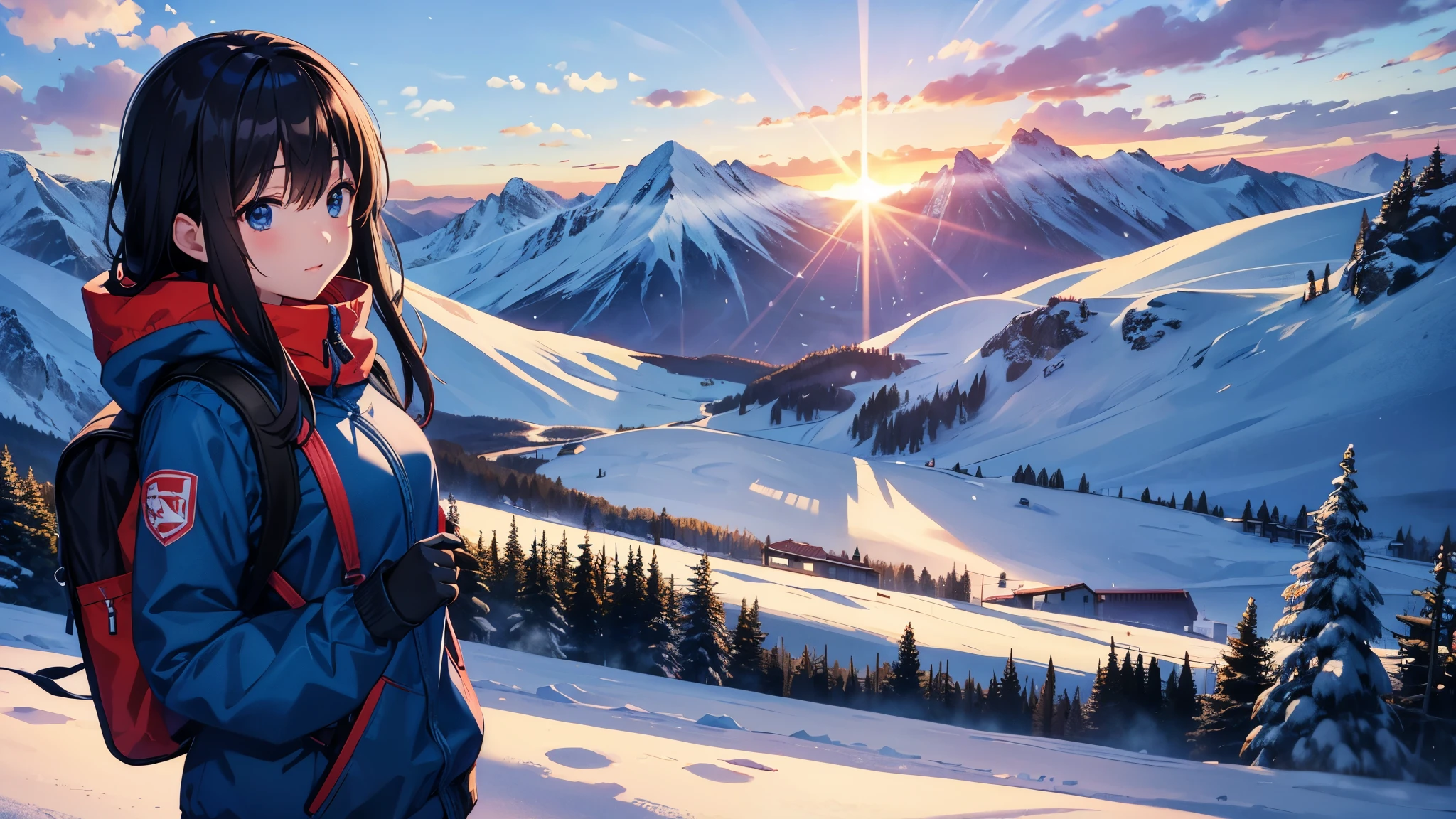 Winter early morning、Young woman taking a break at a ski resort。Hair is black。She was wearing a warm ski jacket and a backpack.、Breathing heavily, the sunlight hit the mountain.々Enjoying the view reflected in the。Snow-covered mountains in the background々and a ski lift、Other skiers can be seen around。The art style is anime-like.、The vivid colors evoke the vibrant morning sun and the cold air.。