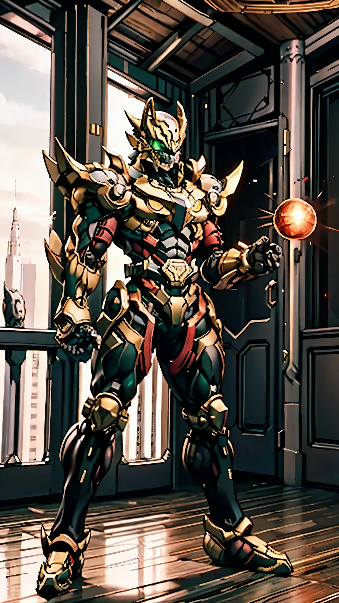 A man wearing a full-face helmet, a fantasy-style biotech armored combat suit, green eyes, (a composite layered chest armor), fully enclosed shoulder guards, matching arm and leg guards, the belt is adorned with fangs biting into orbs, (the color scheme is primarily black with red accents), the design balances heavy with agility, a high-tech bio-mecha armor, (Armor Concept Inspired by Wolf, stand on the top of a skyscraper in a futuristic sci-fi city), this character embodies a finely crafted fantasy-surreal style armored hero in anime style, exquisite and mature manga art style, (element, plasma, energy, the armor glows), ((male:1.5)), metallic, real texture material, dramatic, high definition, best quality, highres, ultra-detailed, ultra-fine painting, extremely delicate, professional, perfect body proportions, golden ratio, anatomically correct, symmetrical face, extremely detailed eyes and face, high quality eyes, creativity, RAW photo, UHD, 32k, Natural light, cinematic lighting, masterpiece-anatomy-perfect, masterpiece:1.5