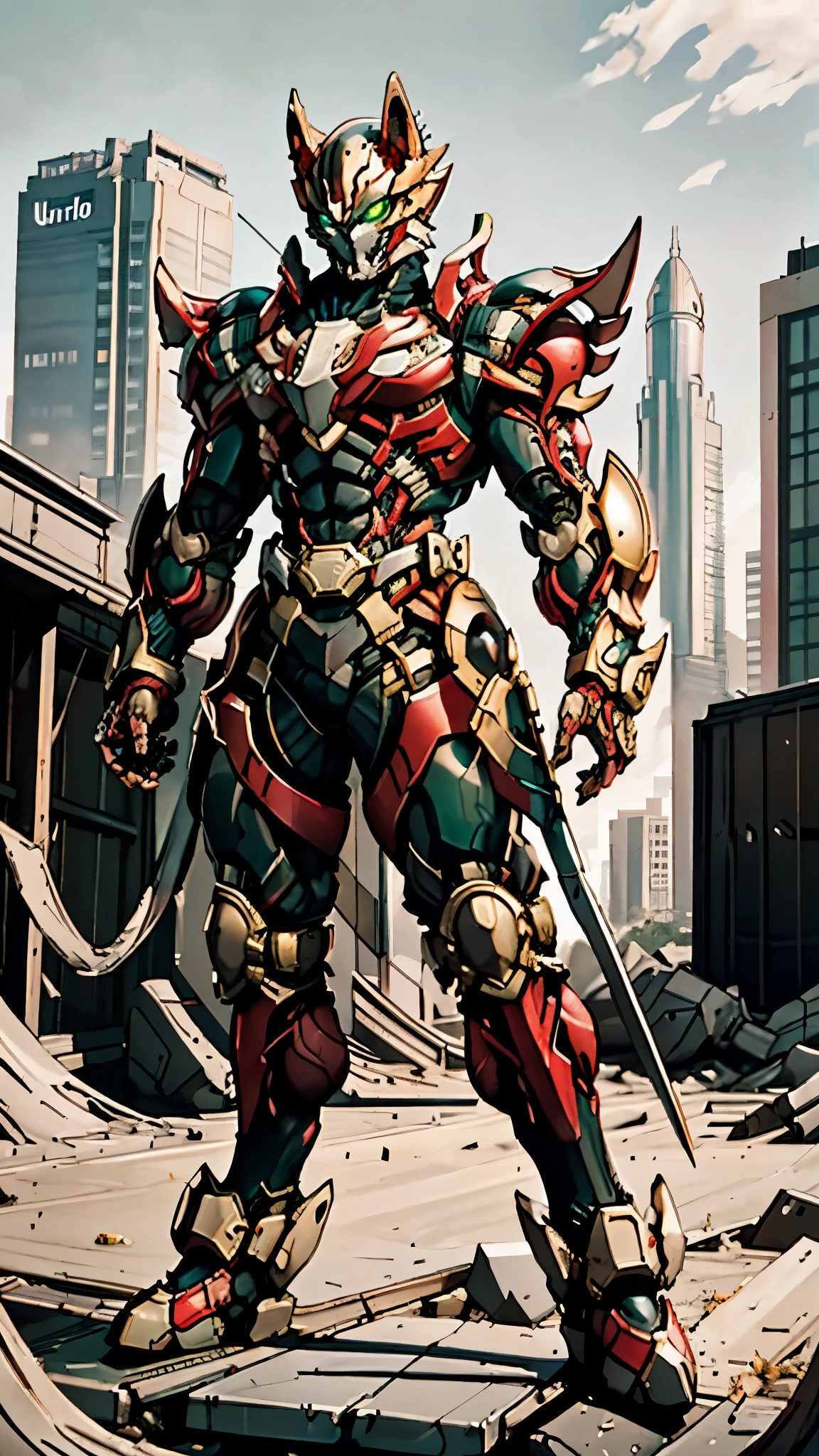 A man wearing a full-face helmet, a fantasy-style biotech armored combat suit, green eyes, (a composite layered chest armor), fully enclosed shoulder guards, matching arm and leg guards, the belt is adorned with fangs biting into orbs, (the color scheme is primarily black with red accents), the design balances heavy with agility, a high-tech bio-mecha armor, (Armor Concept Inspired by Wolf, stand on the top of a skyscraper in a futuristic sci-fi city), this character embodies a finely crafted fantasy-surreal style armored hero in anime style, exquisite and mature manga art style, (element, plasma, energy, the armor glows), ((male:1.5)), metallic, real texture material, dramatic, high definition, best quality, highres, ultra-detailed, ultra-fine painting, extremely delicate, professional, perfect body proportions, golden ratio, anatomically correct, symmetrical face, extremely detailed eyes and face, high quality eyes, creativity, RAW photo, UHD, 32k, Natural light, cinematic lighting, masterpiece-anatomy-perfect, masterpiece:1.5