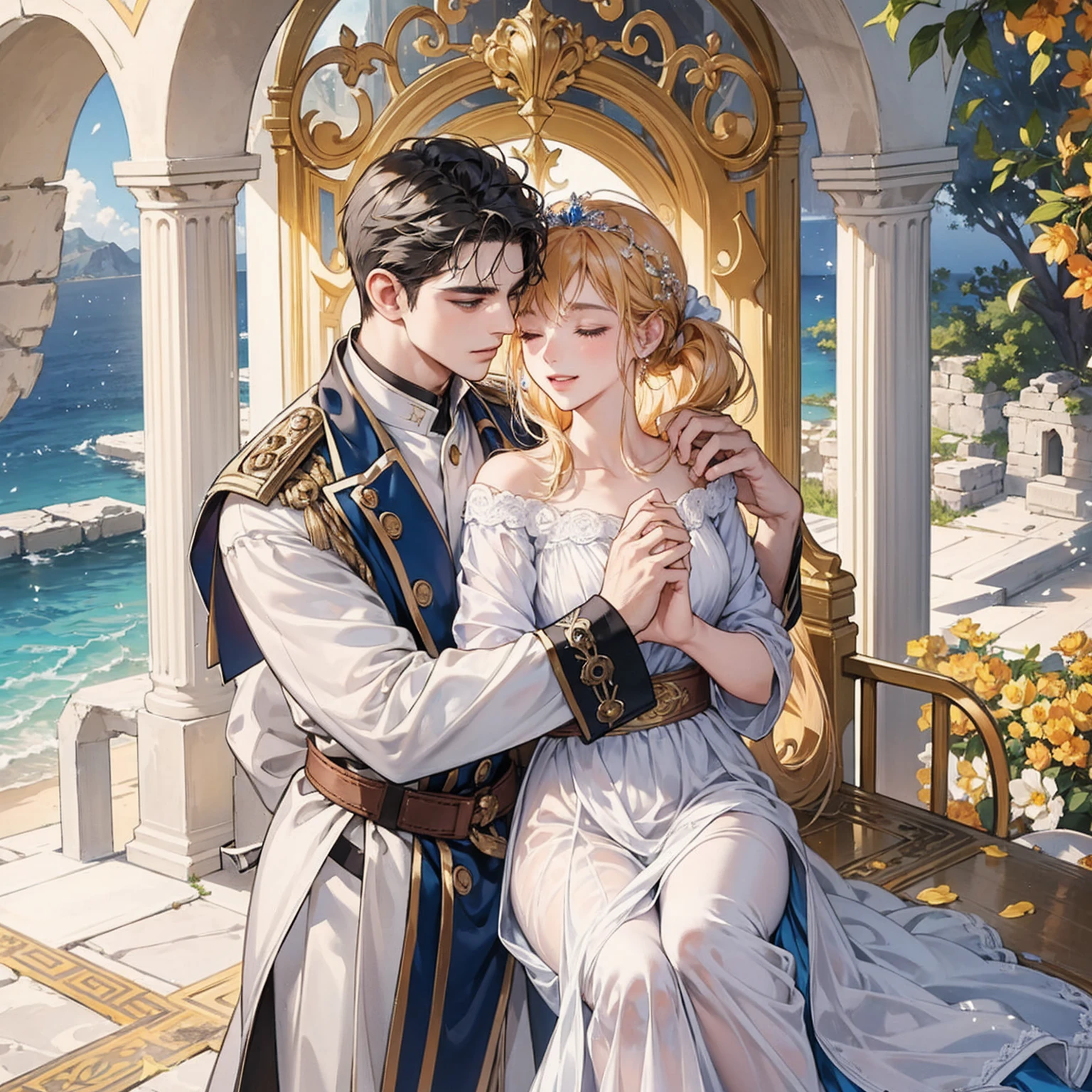 masterpiece, 最high quality, high quality, Highly detailed CG Unity 8k wallpaper, A happy couple、Emperor Constantine the Great of Rome, eternal love with Minervina, scenes of happy lovers, warm and strong embraces, bliss of love, excitement, lyrical, heartfelt, dramatic, romantic, beautiful white garments, golden belts, high vibrations, pure love, the splendor of Greece and Rome, the light of heavenly Jerusalem, washing of the soul, purification of the heart, healing of the body, joy, happiness of love, heartfelt smiles, the happiness of forgiveness, gratitude, thankfulness, praying for everyone for love, redemption, forgiveness, healing, and tranquility. These are events on Earth. Everyone is happily spending time in their own heavens. Also, friendly and pleasant relationships, sacred atmosphere, paradise of greenery and flowers, heaven, blessings and protection, beautiful, shining, ultra-high quality, ultra-high resolution, ultra-fine, ultra-beautiful, masterpiece.
