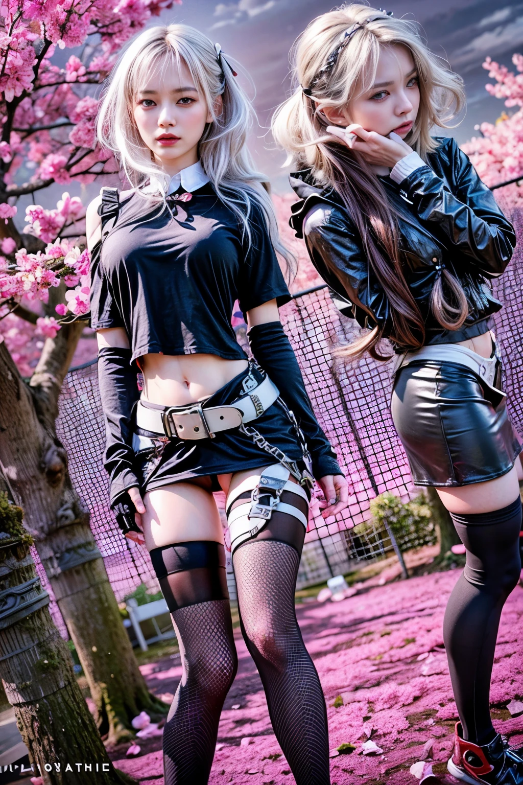 ((face Portraiture)), masterpiece, highest quality, High resolution, Ultra-realistic、Elizabeth, One girl, jewelry, Single knee socks, Silver Hair, Hair on one eye, abdomen, Black Skirt, Asymmetrical legwear, Pink Shirt, No sleeve, Black knee socks, belt, Landscape Background, Are standing, Portraiture