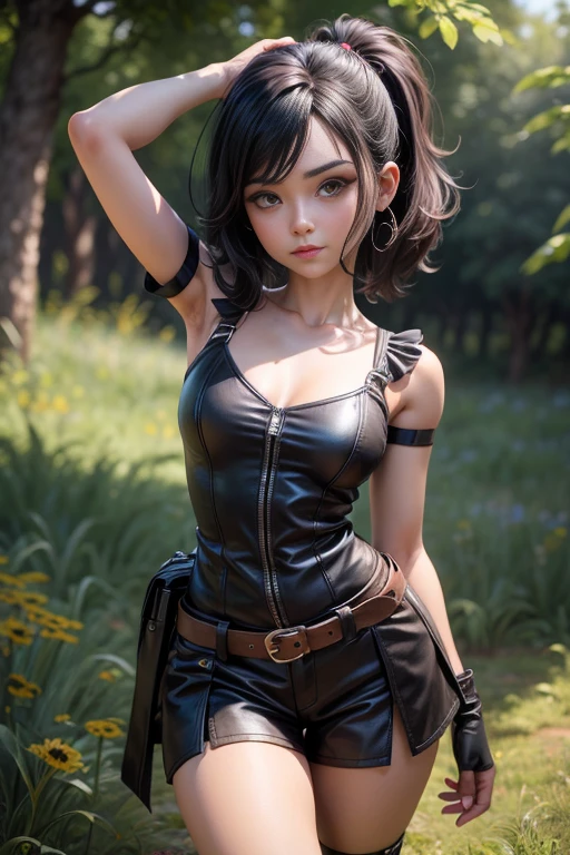obra maestra, mejor calidad, trabajo de renderizado 3d, estilo 3DMM, de cerca, retrato, 3D, 1 chica, 1 chica, sola, hermosa, soldado arrodillado, de espaldas al espectador. En el campo de batalla. Cansado. Cuerpo muy sucio, sucio con polvo. Short cortos de mujer, top corto de mujer, con ropa rota, restos de ropa. Sudor, cuerpo sudoroso, gotas de sudor. Suelas sucias. Pelo negro largo, pelo negro, realista. Tifa Lockhart. (small breasts, escote visible). Mostrando hermoso cuerpo.