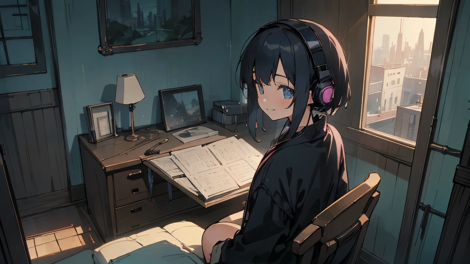 Studio room view, 都会のnight景、Listening to music alone,90s anime style, night, Girl wearing headphones, late night room, smile,City Pop, high quality, Detailed finger shapes、Natural finger shape、Lo-Fi, Chill, late night, Single room, Dark Room, futuristic night view outside the window, Dark Room