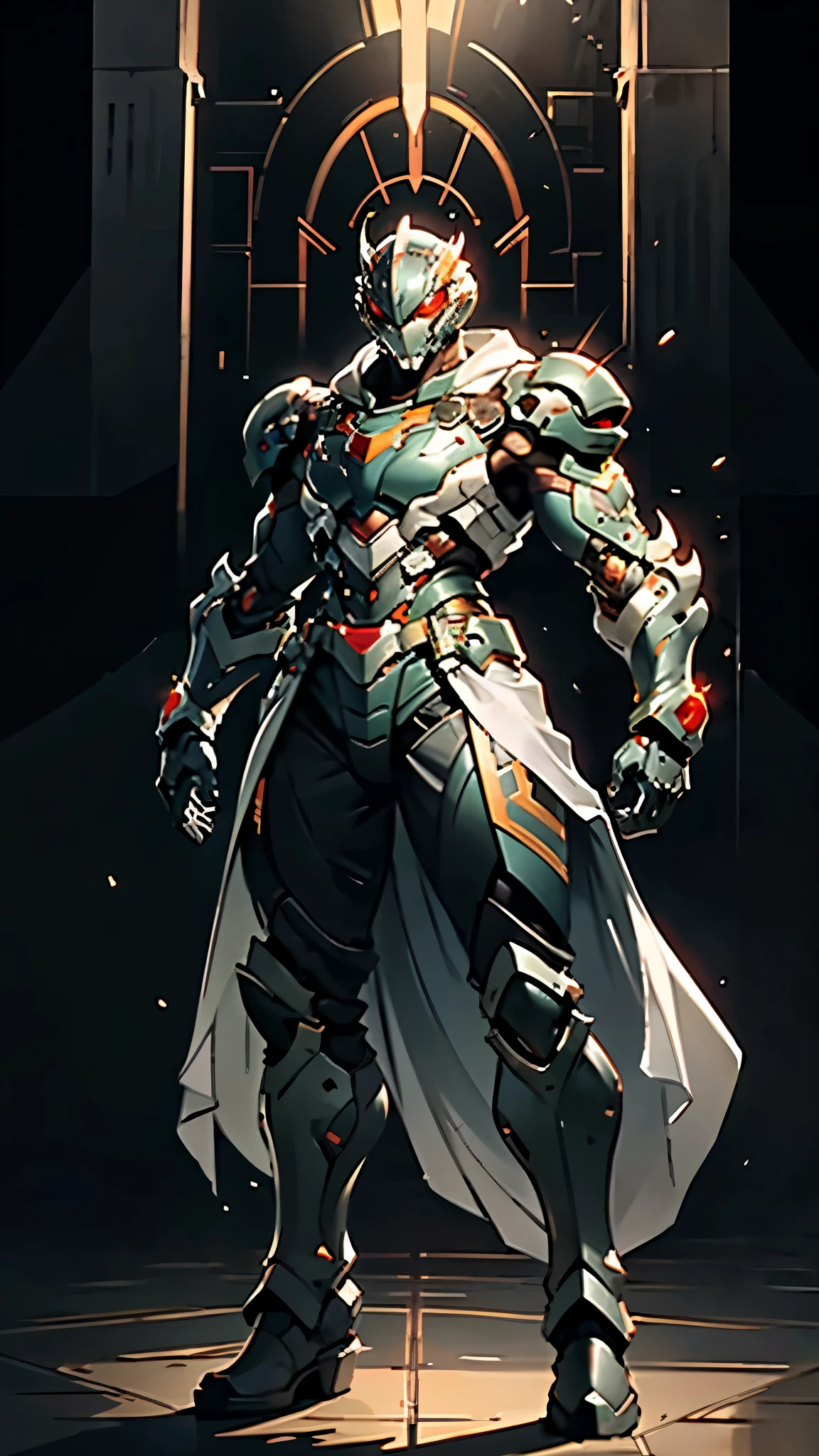 A man wearing a full-face helmet, a fantasy-style biotech armored combat suit, green eyes, (a composite layered chest armor), fully enclosed shoulder guards, matching arm and leg guards, the belt is adorned with fangs biting into orbs, (the color scheme is primarily black with red accents), the design balances heavy with agility, a high-tech bio-mecha armor, (Armor Concept Inspired by Wolf, stand on the top of a skyscraper in a futuristic sci-fi city), this character embodies a finely crafted fantasy-surreal style armored hero in anime style, exquisite and mature manga art style, (element, plasma, energy, the armor glows), ((male:1.5)), metallic, real texture material, dramatic, high definition, best quality, highres, ultra-detailed, ultra-fine painting, extremely delicate, professional, perfect body proportions, golden ratio, anatomically correct, symmetrical face, extremely detailed eyes and face, high quality eyes, creativity, RAW photo, UHD, 32k, Natural light, cinematic lighting, masterpiece-anatomy-perfect, masterpiece:1.5