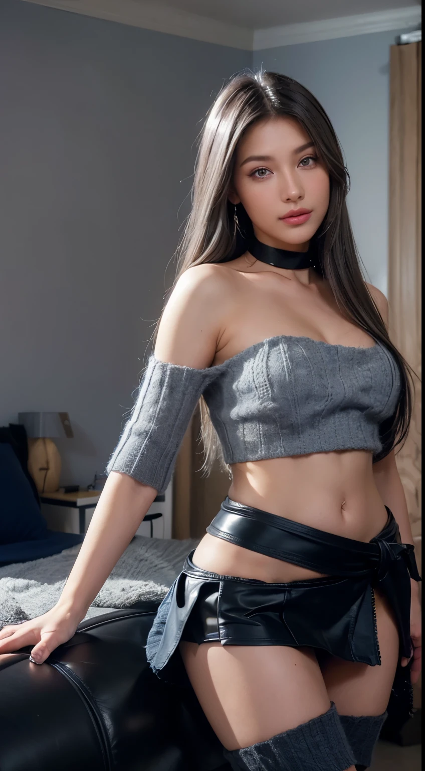 (a calm and serene goddess), (asian_european woman, gray hair:1.3), russian, (canopy bed, sunlight:1.2), (indoors, black mansion, bedroom:1.47), cowboy shot, ((blue tube top) (black leather miniskirt) (sweater wrapped around waist):1.47), (gray long hair, gray hair:1.51), (boost hair color), (very thick top hair) (side bangs) (extremely long hair), (green eyes:0.88), (make up, eyeshadow, eyeliner), (high-bridged nose), eyeshadow, lips_filler, (parted lips slightly showing two upper front teeth), blushing, makeup, earrings, (black choker), moles, (medium round breasts:0.8), huge round ass, (wide waist and hips:0.8), thick thighs), ((light fair skin tone)), masterpiece, ultradetailed, high_res, 8K, HD, lifelike rendering, reality based rendering, unreal engine, intricate details, (denoise), solo, Detailedface, Realism, Raw photo, Photography, Photorealism, Photoshoot, 1 girl, Young beauty spirit, Best face ever in the world, Enhance, Detailedface, perfect,1 girl, (8k sharp focus), ultra-photorealism, More Detail, Masterpiece, Color Booster, midjourney, ((photography_light)), european girl, (face make_up), epiC35mm, (front facing:1) she smile, back rear