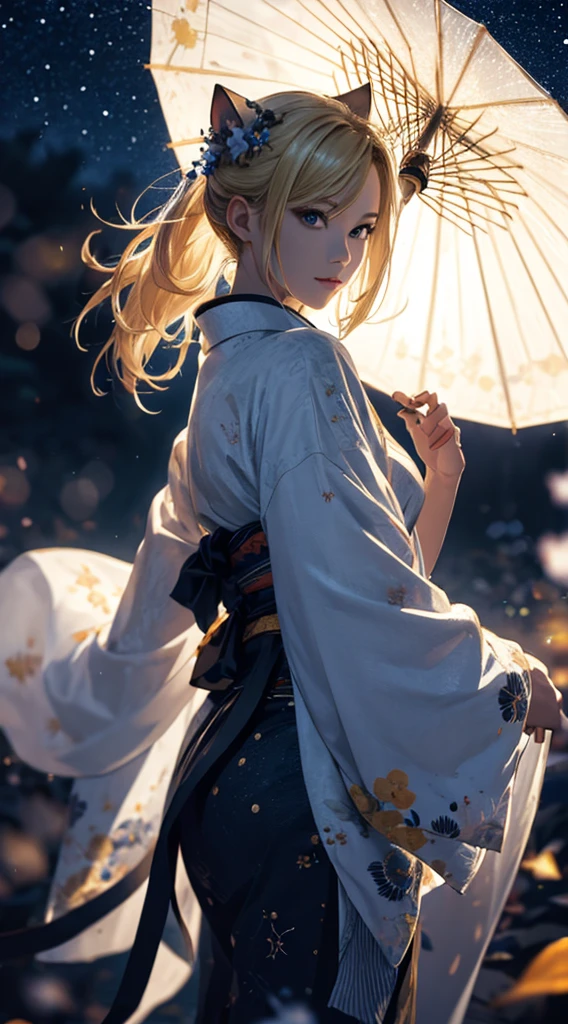 masterpiece, high quality, 4K, Beautiful design, silhouette，blonde， 非常に詳細な夜のStarry Sky,Flower Field， wonderful, Finer details,  Very knowledgeable woman, Highly detailed solo, 1 female,Cat ear，Big Breasts，White kimono，Japanese Umbrella，rain，Night view，Starry Sky，full moon，