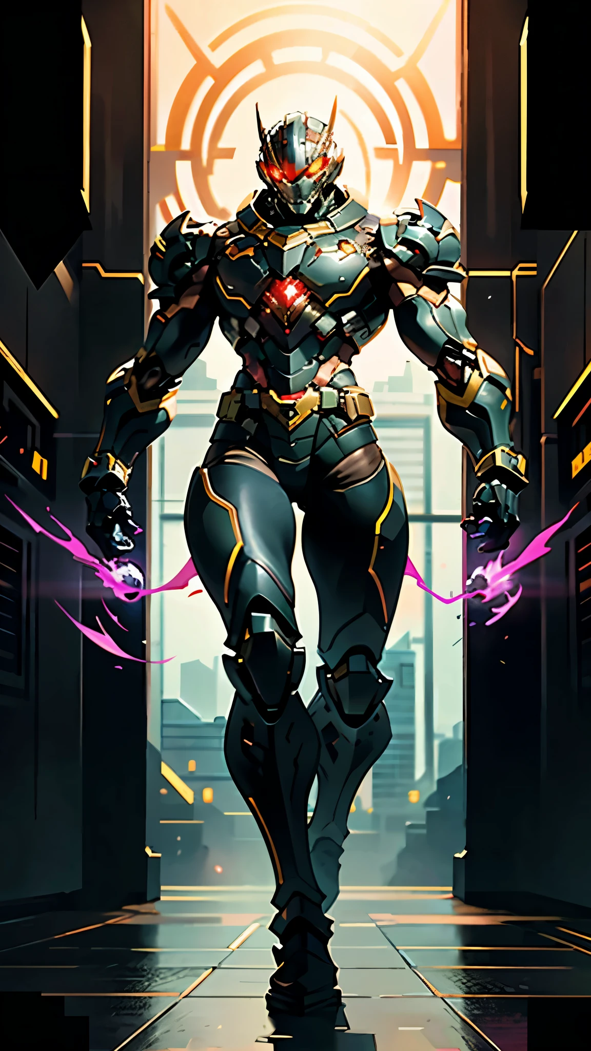 A man wearing a full-face helmet, a fantasy-style biotech armored combat suit, green eyes, (a composite layered chest armor), fully enclosed shoulder guards, matching arm and leg guards, the belt is adorned with fangs biting into orbs, (the color scheme is primarily black with red accents), the design balances heavy with agility, a high-tech bio-mecha armor, (Armor Concept Inspired by Wolf, stand on the top of a skyscraper in a futuristic sci-fi city), this character embodies a finely crafted fantasy-surreal style armored hero in anime style, exquisite and mature manga art style, (element, plasma, energy, the armor glows), ((male:1.5)), metallic, real texture material, dramatic, high definition, best quality, highres, ultra-detailed, ultra-fine painting, extremely delicate, professional, perfect body proportions, golden ratio, anatomically correct, symmetrical face, extremely detailed eyes and face, high quality eyes, creativity, RAW photo, UHD, 32k, Natural light, cinematic lighting, masterpiece-anatomy-perfect, masterpiece:1.5