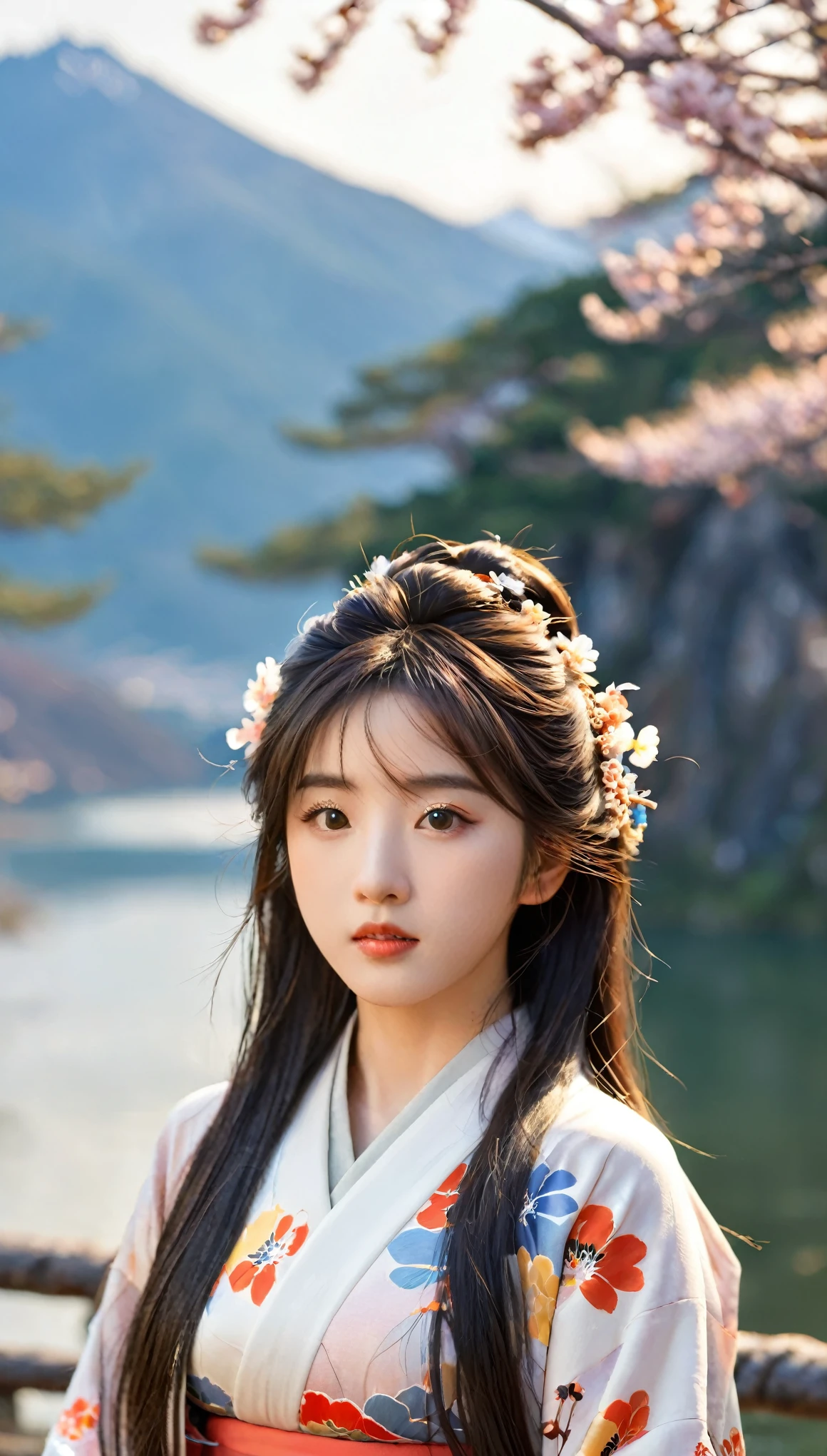 best quality, masterpiece, extremely detailed, detailed background, detailed eyes, Japanese cartoons, 1 Girl, beautiful eyes, Young Girls, Long hair girl, Expressive face, kimono, vintage, 富士山 wind景, outdoor, Sunset, beauty的天空, Picnic by the lake, landscape, wind景, horizon, Mountain next to mountain, wind, petal, spring, Look away, Mood lighting, reflection, naturalistic, detail, realism. relaxation, beauty, Focus only, close up, from the side, Depth of Field, Bokeh