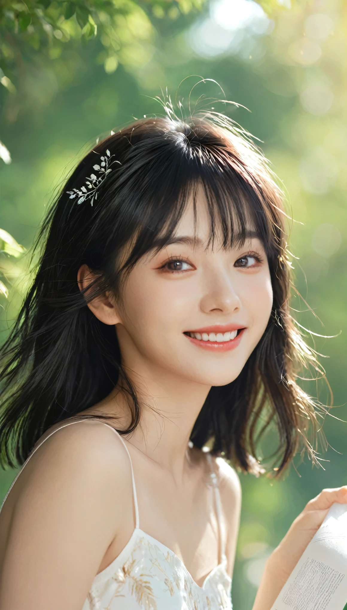 (masterpiece), (best quality), (Super Detail), (Messy hair), (illustration), (1 名girl), (interview), (Brief Background), Beautiful and delicate eyes, Delicate and beautiful face, floating, (High Saturation), (shine), focus on face, Black Hair, Bangs, All smiles, floating Hair. girl, girl in love, pixiv illustrations, top quality, Ultra Detailed, Smile, ingenious, Pretty Face, 4K, nature, Sunlight through the trees,