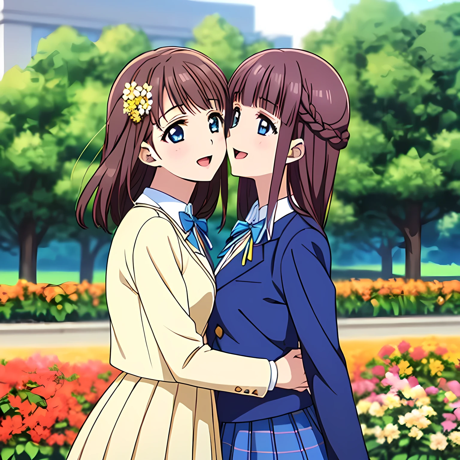 highest quality, (masterpiece:1.2), Very detailed, Game CG, (((Very beautiful girl in school uniform2Two fashion models kissing))), ((The girl everyone loves)), (((Brown and very shiny short bob hair))), (((Navy blue blazer))), ((Navy blue pleated long skirt)), ((((Very beautiful and shining eyes)))), ((Very long eyelashes)), A large crimson ribbon on the chest, ((An elegant expression like a noble princess)), (((A beautiful and enchanting smile))), Small face and great posture, ((Heavenly happiness)), (((The background is blurred with a flower garden.))), ((Very intelligent face)), ((Anime heroine smiling and open mouth))