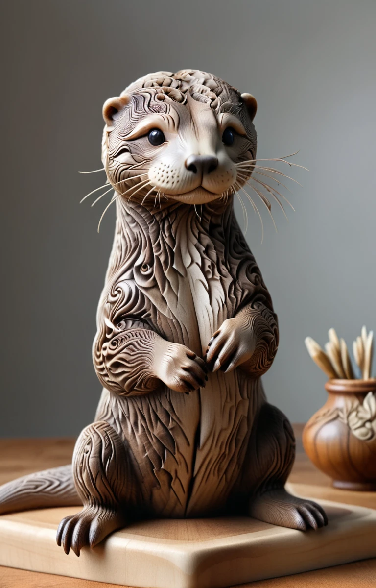 proFessional photography oF wood carving,  Lifelike Otter, detailed, Intricate details, PhD, Ultra HD, potassium, Bokeh, Vignette, 16mm lens, F/2