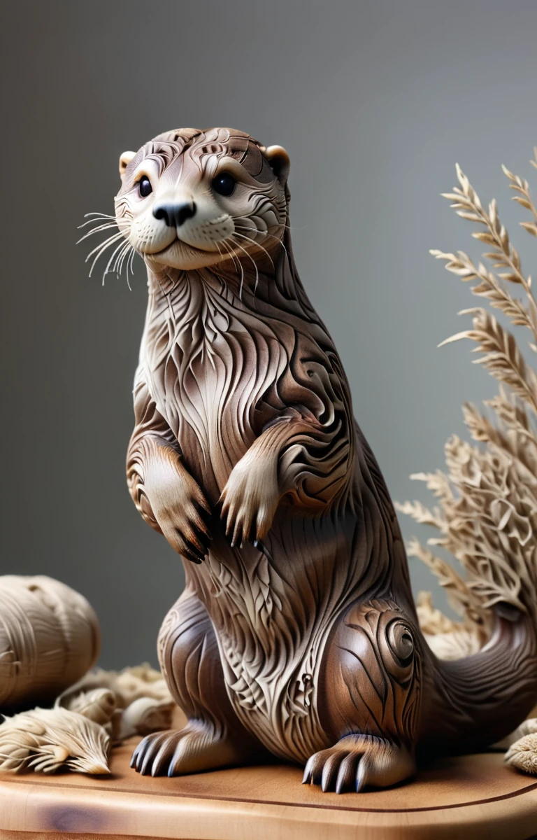 proFessional photography oF wood carving,  Lifelike Otter, detailed, Intricate details, PhD, Ultra HD, potassium, Bokeh, Vignette, 16mm lens, F/2