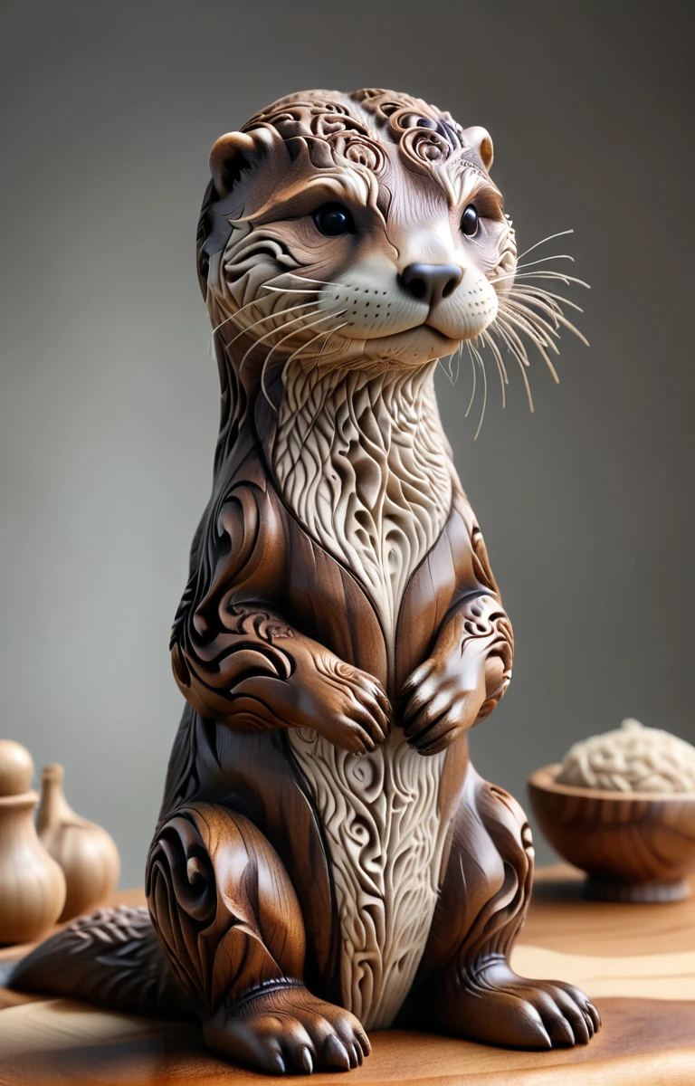 proFessional photography oF wood carving,  Lifelike Otter, detailed, Intricate details, PhD, Ultra HD, potassium, Bokeh, Vignette, 16mm lens, F/2