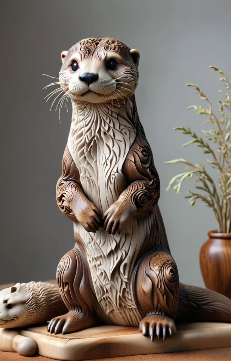 proFessional photography oF wood carving,  Lifelike Otter, detailed, Intricate details, PhD, Ultra HD, potassium, Bokeh, Vignette, 16mm lens, F/2