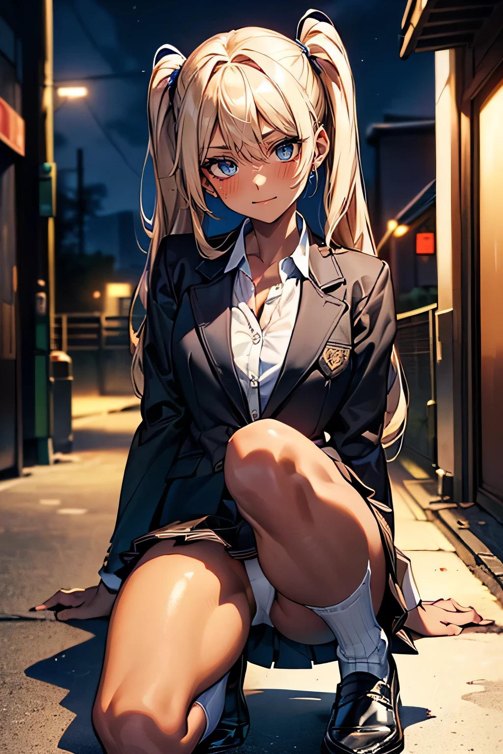 ((Perfect Anatomy:1.2,Realistic:1.3,RAW Photos:1.3,masterpiece、highest quality、Ultra - High resolution、High resolution、Highly detailed CG、8k)),Cowboy Shot. 1 female,alone,18-year-old、high school girl,beautiful girl,Japanese,((Beautiful and graceful face and eyes:1.2,Big beautiful eyes:1.3,)),blonde,Twin tails,(Center parted hair:1.4,amount),Small Head:1.3,(Provocative smile),thin,((Dark brown skin:1.4)),(Oily skin,Glowing Skin,Shiny skin,(school uniform、Dark blue blazer jacket、Checkered pleated mini skirt,White long floppy socks:1.5,Black Loafers),(Show viewers white panties),((Sit with your right knee upright)). The background is a dirty back alley、((dark)),((night))、Tokyo.