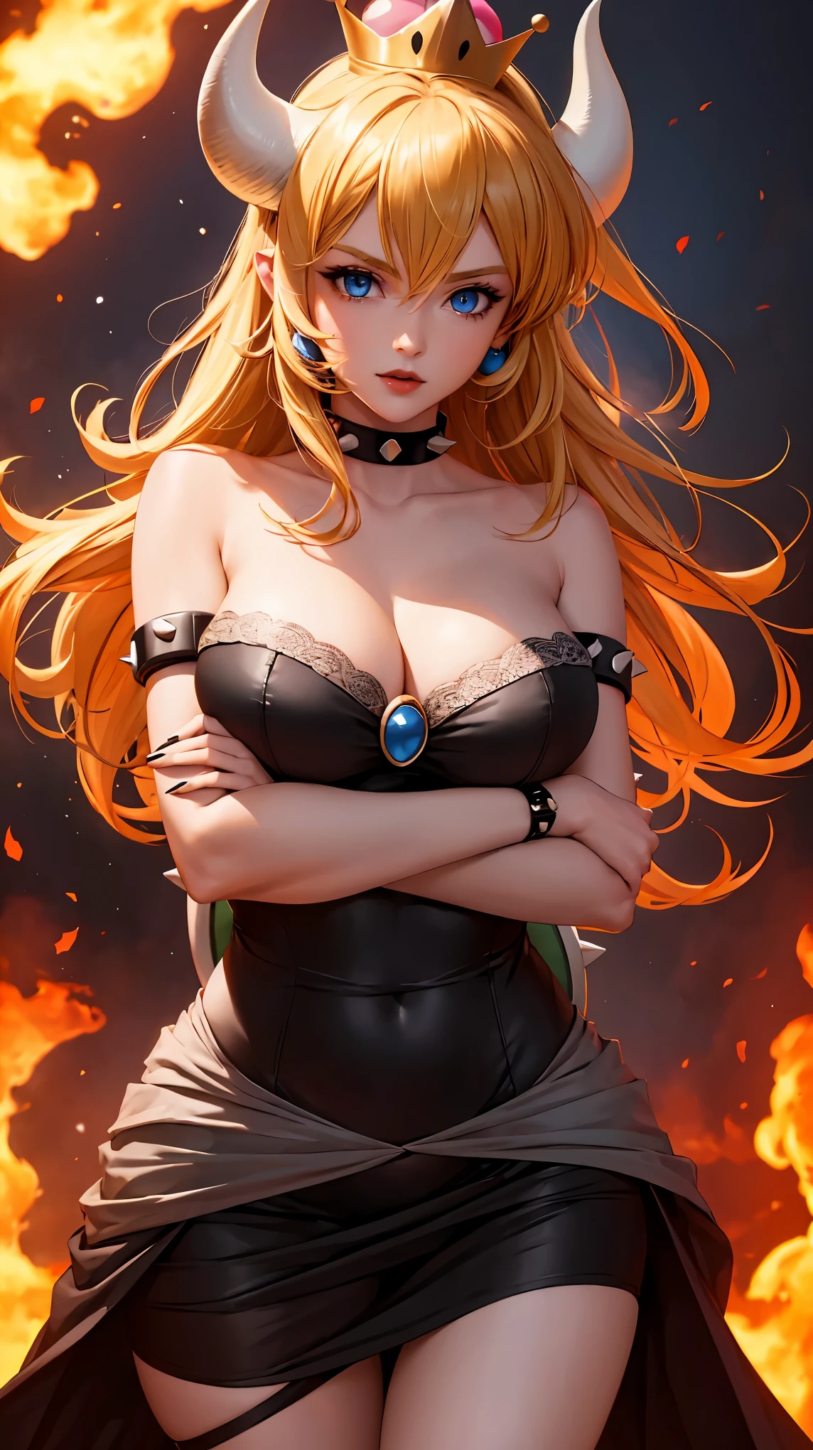 ((high detailed, best quality, 4k, masterpiece, hd:1.3)), ((best quality)), (((HD))), (((8k))), (ultraDH), (ultra HD), Princess Daisy, blue eyes, BREAK blue eyes, seductive, attractive, smooth anime cg art, 36C breasts, long legs, vivid colors, detailed digital art, slim body, perfect skin, dark blonde hair, long hair, blonde hair, blonde hair, BREAK crown, cleavage, 36C cleavage, looking at viewer, BREAK looking at viewer, extremely detailed face, red santa suit, red santa claus suit, santa claus suit, earrings, gem, dark black makeup lips, dark gothic eyeshadows, dark eyeshadows, black eyeshadows, black sexy lips, black lips, (dark:1.2), dark lips, very dark lips, (perfect hands, perfect anatomy), black makeup, black medium lips, black thick lips, detailed fingers, five fingers per hand, 5 fingers, (1 girl), detailed lips, detailed black lips, black painted lips, gothic painted lips, BREAK night, night sky, (breast focus), (arms outstreched:1.2), (from above:1.1), (breasts out:1.3), (off shoulder:1.1), (white horns), (bra), inside a lava castle, she inside a sea of lava, she bathing in lava,