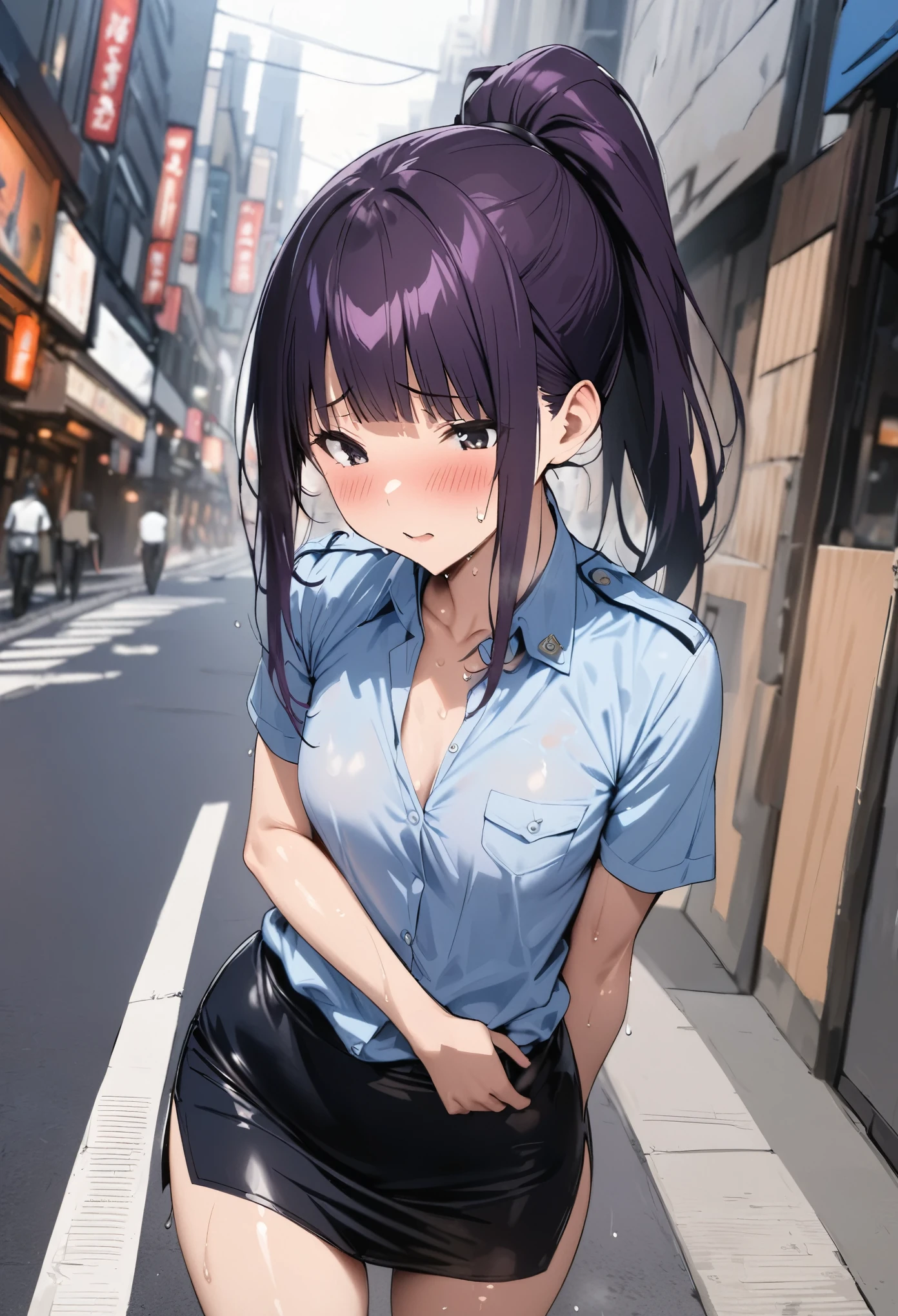 (masterpiece, highest quality:1.2),1woman,18 year old beauty、solo,ponytail hair,dark purple hair,blush,very small head,slender and long body,skinny,medium breasts,naked,sweat,oily skin,shiny skin,sweat,Police uniform collared shirt、light blue shirt,Short sleeve、Black tight mini skirt、On Patrol、walk、on street,bustling street、Tokyo、