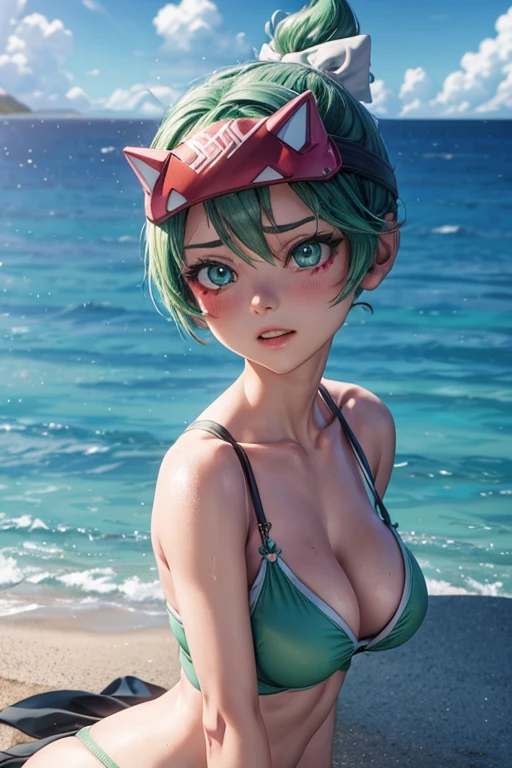 Close up portrait of woman in green bra top and panties, 3D Anime Real, Enchanting anime girl, Photorealistic Animation girl render, Perfect body with realistic shading, Realistic Anime 3D Style, 3d anime girl, Realistic young anime girl, hatsune miku short hair, Ultra realistic anime, Real life anime girls, Photorealistic Animation, Smooth anime CG art