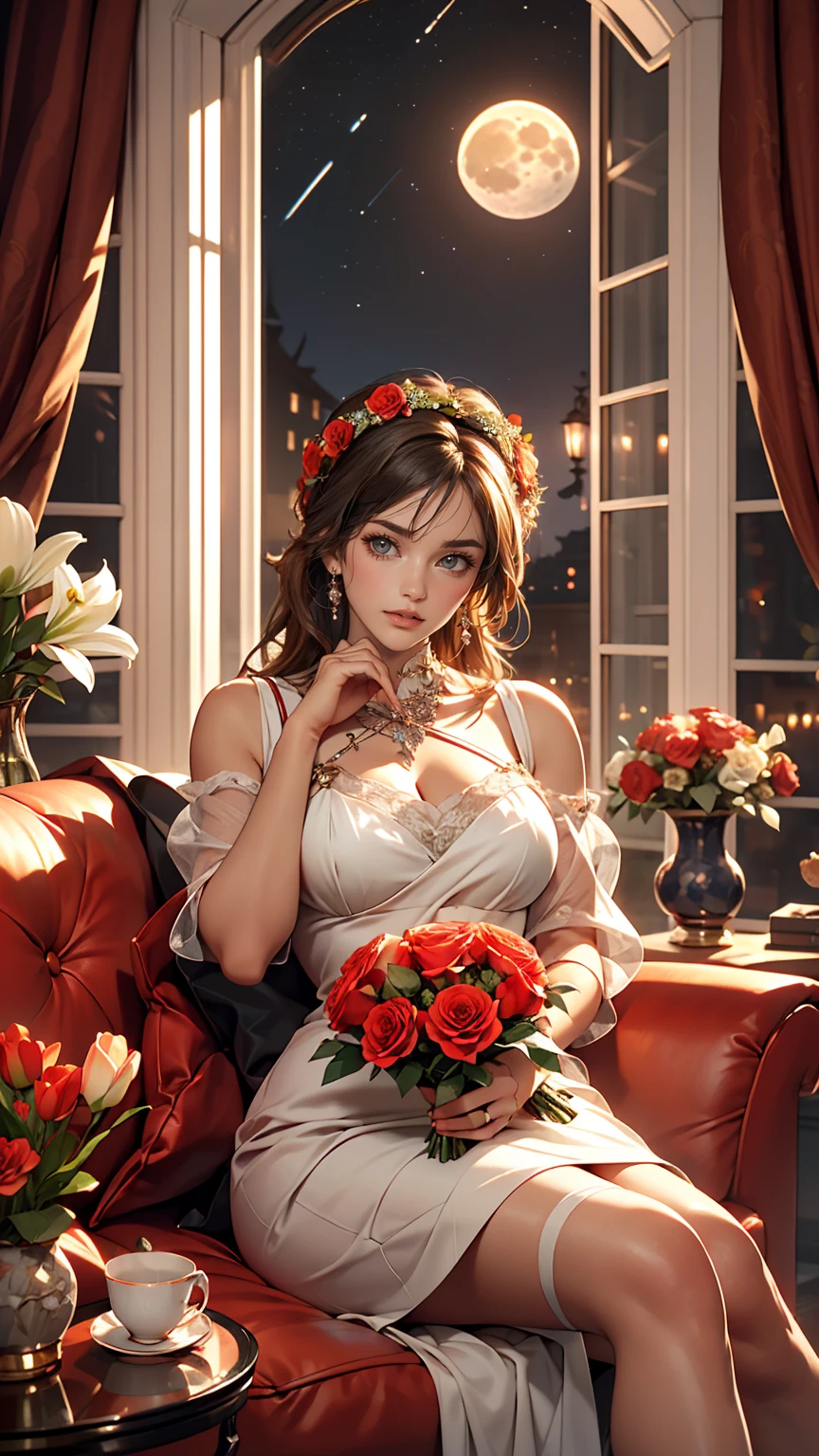 A beautiful bouquet of roses and lilies in a ceramic vase, Red and white colors, Cozy rooms, wreath, Open window, Moon and Stars, evening, Pleasant atmosphere、A mature woman sits on a one-seater sofa、Crossing your legs、Place your hands on the elbow rest