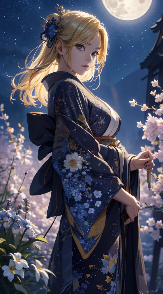 masterpiece, high quality, 4K, Beautiful design, silhouette，blonde， 非常に詳細な夜のStarry Sky,Flower Field， wonderful, Finer details,  Very knowledgeable woman, Highly detailed solo, 1 female,Beautiful Eyes，I like rumors，Big Breasts，kimono，Night view，Starry Sky，full moon，