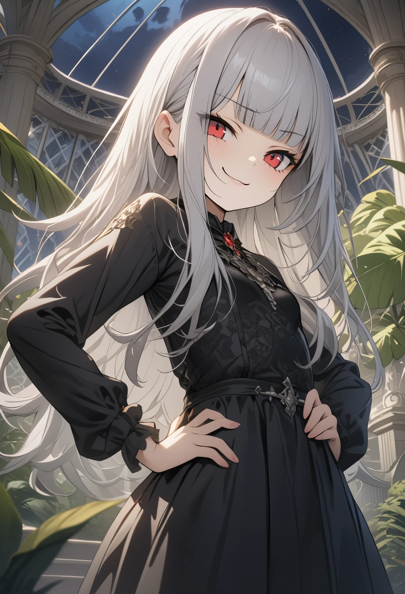 ((12 years old)), (1girl), cute young girl, (smug face:1.3), (Beautiful crimson eyes), ((The noble vampire girl)), (small breast), slender waist, (loose blunt bangs), Shiny unruly hair, long hair, ((beautiful pale silver hair)), ((night)), place hand on hip, (palace giant greenhouse), gardens, fountains, tropical plants,((Masterpiece)), ((best quality)), (super detail), (intricate details),