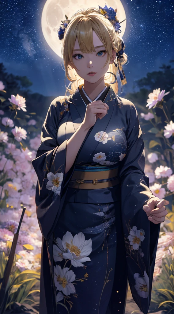 masterpiece, high quality, 4K, Beautiful design, silhouette，blonde， 非常に詳細な夜のStarry Sky,Flower Field， wonderful, Finer details,  Very knowledgeable woman, Highly detailed solo, 1 female,Beautiful Eyes，I like rumors，Big Breasts，kimono，Night view，Starry Sky，full moon，