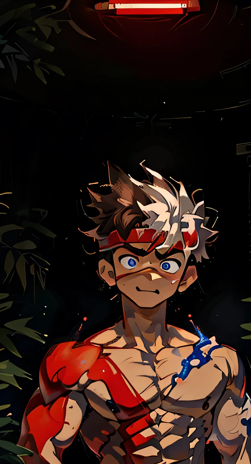 (tmasterpiece,Best quality at best,absurd res),1 person little mouth,is shy,Be red in the face,Shy,Shy,There is white musculous,Detailed eyes,nakeness,(nakeness),eBlue eyes,Bare topless,Upper body body,(fluorescent light),(a color),((abstract backgrounds)),