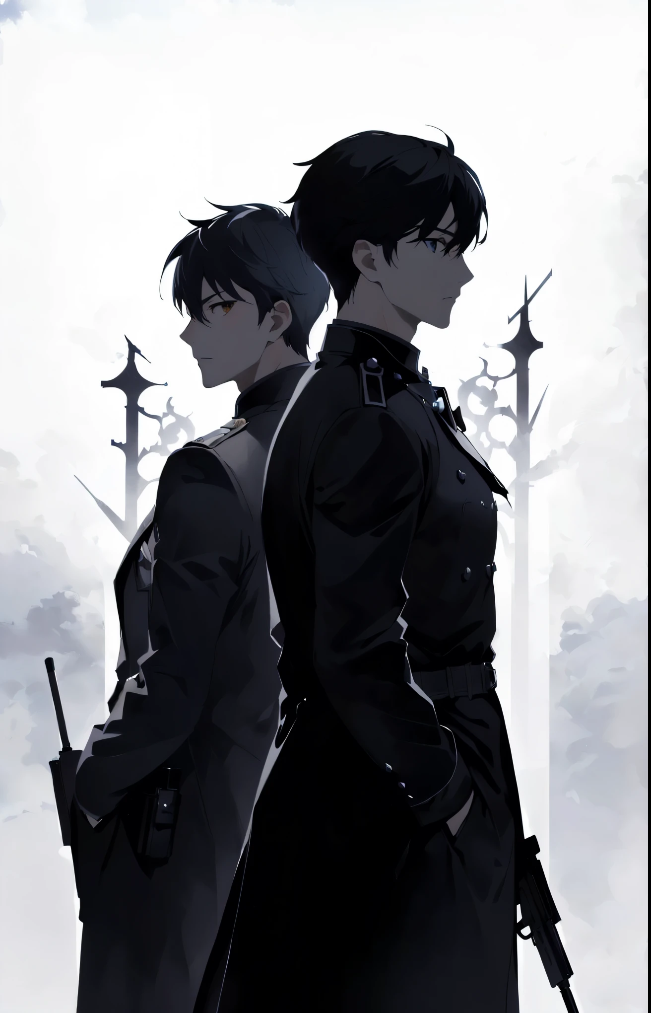Anime characters in costumes standing in front of a cloudy sky, Two handsome anime guys, Official Fanart, Artwork in the style of Guweiz, author:Yang Jie, 4k comics wallpaper, Akihiko Inoue and Ross Tran, High-quality fanart, official art, Zero Fashion Art, Edmund Blair e Charlie Bowater, Gurvitz and Makoto Shinkai