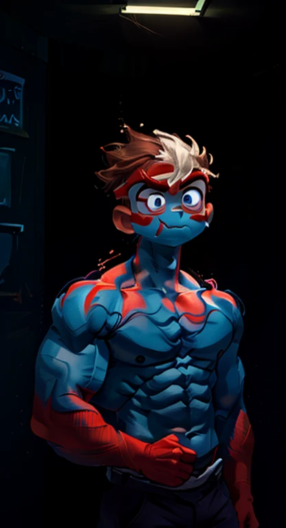 (tmasterpiece，Best quality at best，absurd res），1 person little mouth，is shy，Be red in the face，Shy，Shy，There is white musculous，Detailed eyes，nakeness，(nakeness)，eBlue eyes，Bare topless，Upper body body，（fluorescent light），（a color），（（abstract backgrounds）），