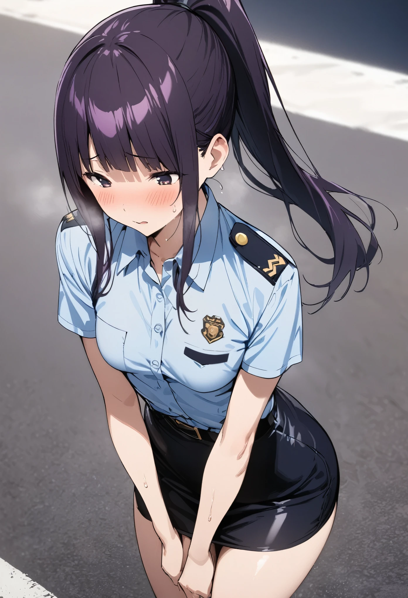 (masterpiece, highest quality:1.2),1woman,18 year old beauty、solo,ponytail hair,dark purple hair,blush,very small head,slender and long body,skinny,medium breasts,?????,sweat,oily skin,shiny skin,sweat,Police uniform、light blue shirt,Collared shirt、Short sleeve、Black tight mini skirt、On Patrol、walk、on street,bustling street、Tokyo、