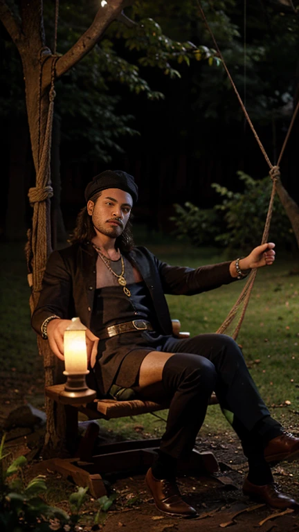 Fforest at night, moonlight, Male medieval baron, rich, splendid clothing, jewellery, gold necklace, velvet beret, (sitting in rope swing) (swing hanging from tree)