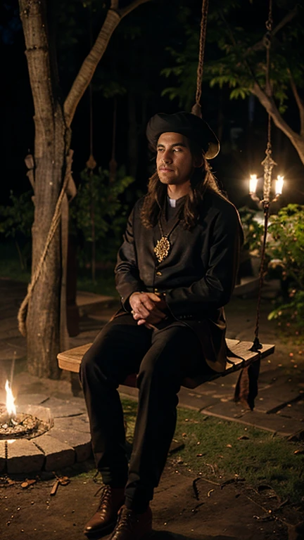 Fforest at night, moonlight, Male medieval baron, rich, splendid clothing, jewellery, gold necklace, velvet beret, (sitting in rope swing) (swing hanging from tree)