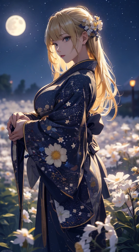masterpiece, high quality, 4K, Beautiful design, silhouette，blonde， 非常に詳細な夜のStarry Sky,Flower Field， wonderful, Finer details,  Very knowledgeable woman, Highly detailed solo, 1 female,Beautiful Eyes，I like rumors，Big Breasts，kimono，Night view，Starry Sky，full moon，
