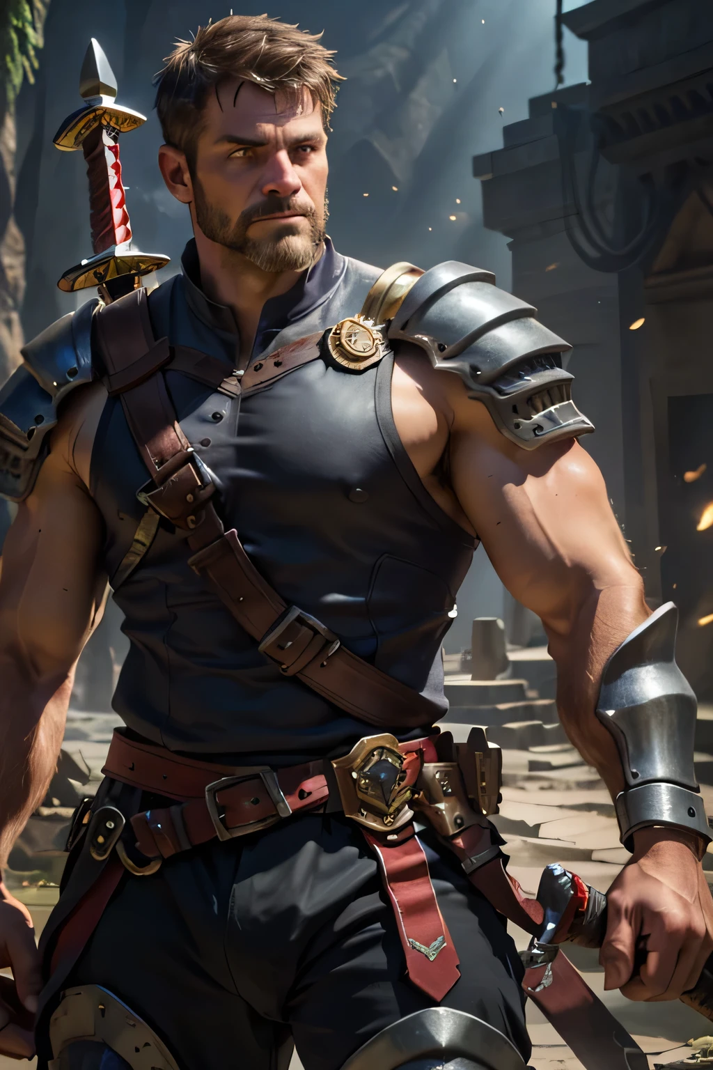 An award-winning original photo，A wild muscular man, (40 years old daddy:1.1), 1boy, Solo, (sleeveless fantasy style armor), (great sword on the shoulder), (black trouser), (big shoulders), musculature, stubbles, Short beard, Beautiful eyes:1.3, ), (Detailed face:1.3), grumpy face, Dynamic Angle, volumetric lighting, (Best quality, A high resolution, Photorealistic), Cinematic lighting, Masterpiece, RAW photo, Intricate details, hdr, depth of field, upper body shot, kingdom background, from above