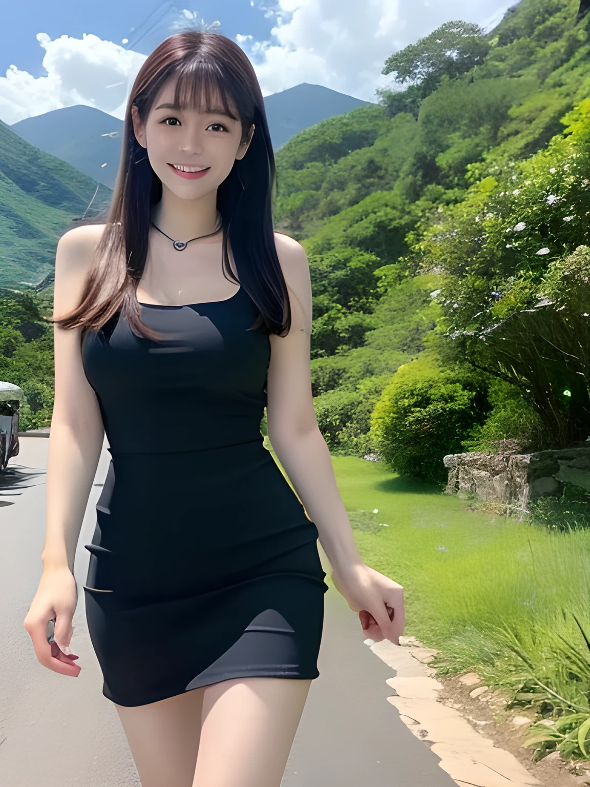 Tabletop, highest quality, Very detailed, finely, High resolution, 8k wallpaper, Perfect dynamic composition, Beautiful and beautiful eyes,  Natural Lip, Tunic , Big Breasts, whole body, blue eyes , Black Choker , parlor , Natural Makeup, secretary , smile, Japanese women  , bangs , Straight Hair、Slim face、鉱Mountain、Mining sites、blue sky、Mountain、Cowboy Shot、Big Breasts、Site Supervisor、tone quarry、Beautiful legs、Walking、Hiking trails