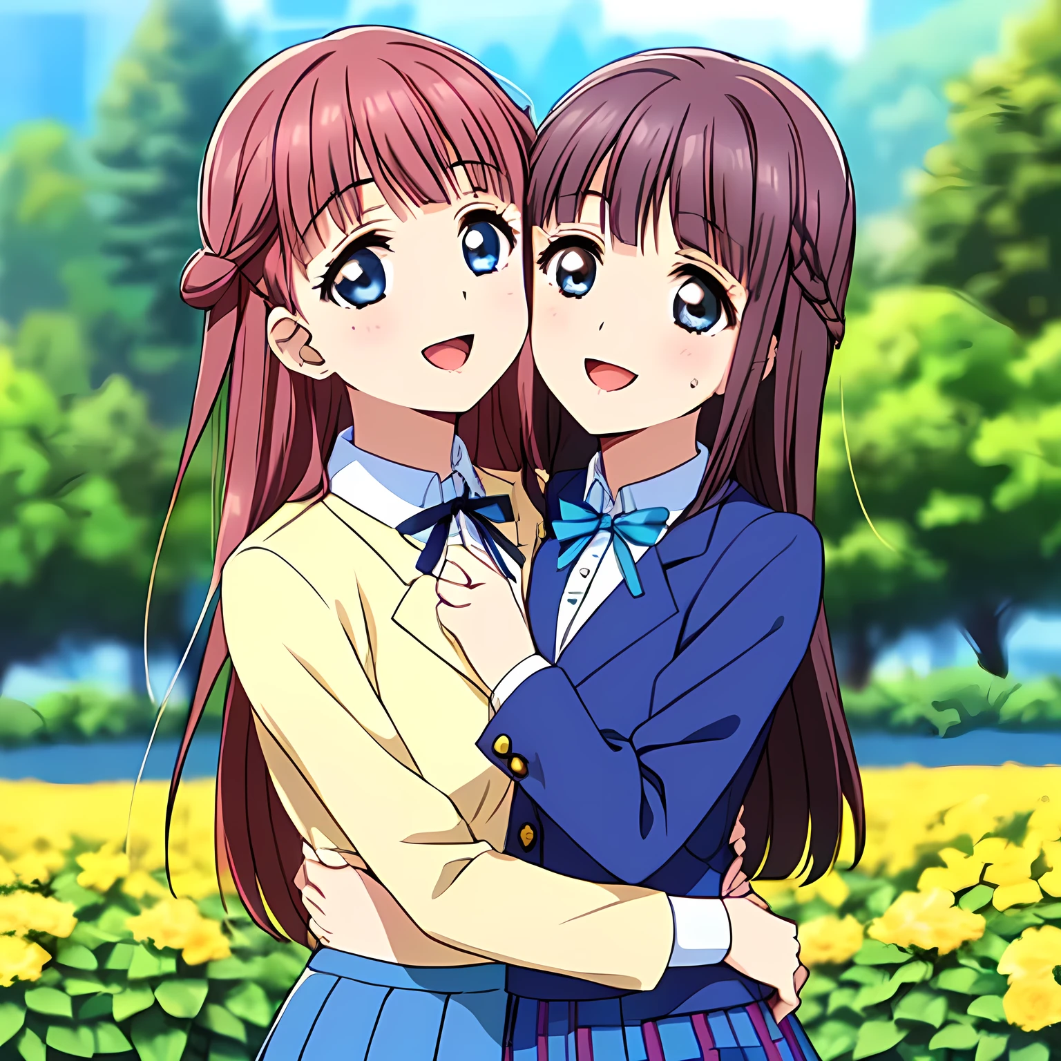 highest quality, (masterpiece:1.2), Very detailed, Game CG, (((Very beautiful girl in school uniform２Two fashion models kissing))), ((The girl everyone loves)), (((Brown and very shiny short bob hair))), (((Navy blue blazer))), ((Navy blue pleated long skirt)), ((((Very beautiful and shining eyes)))), ((Very long eyelashes)), A large crimson ribbon on the chest, ((An elegant expression like a noble princess)), (((A beautiful and enchanting smile))), Small face and great posture, ((Heavenly happiness)), (((The background is blurred with a flower garden.))), ((Very intelligent face)), ((Anime heroine smiling and open mouth)), ((We embraced each other tightly and looked at each other))