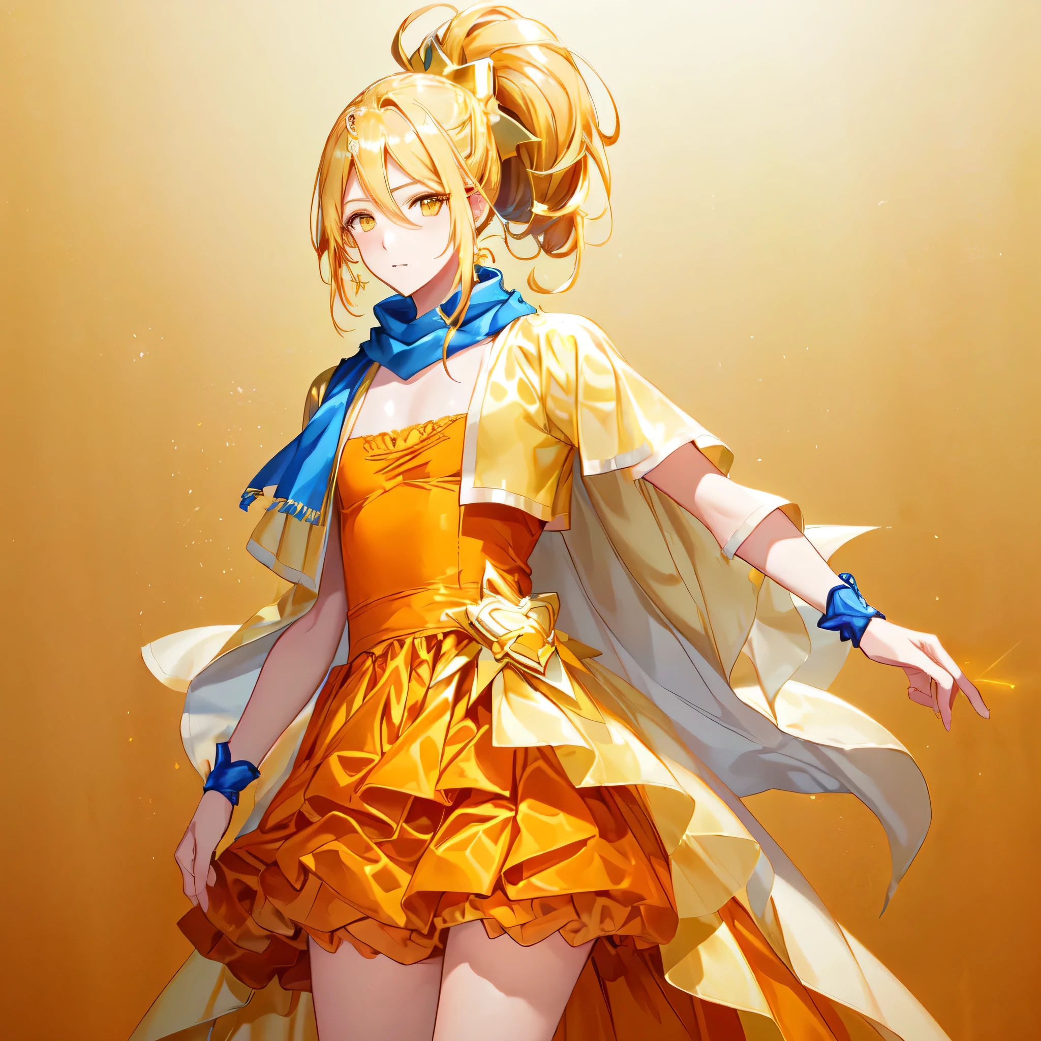 Cartoon drawing of a man in an orange dress and yellow cape、cool、bionde、golden aura、solo、Permed ponytail、High Ponytail、Yellow eyed boy、Official Art、Hair betWeen the eyes、yami cool、Dress Up Darling Anime、Blue mini hat、Yellow cardigan、Official character art、High-quality artwork、Blue scarf、We、Orange mini skirt、A boy is standing、Anime Best Boy、Orange High Heels、Official Artwork、Bare Arms、Bare thighs、bare legs、Cool anime、Also、Sparkling Magical Boy、looking at vieWer、Male focus cowboy shot、(male body:1.5)、solo focus、