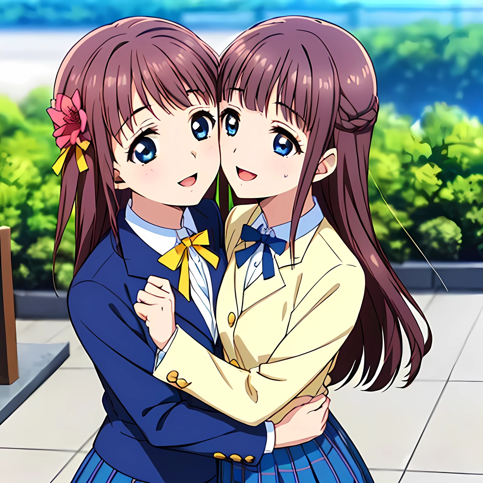 highest quality, (masterpiece:1.2), Very detailed, Game CG, (((Very beautiful girl in school uniform2Two fashion models kissing))), ((The girl everyone loves)), (((Brown and very shiny short bob hair))), (((Navy blue blazer))), ((Navy blue pleated long skirt)), ((((Very beautiful and shining eyes)))), ((Very long eyelashes)), A large crimson ribbon on the chest, ((An elegant expression like a noble princess)), (((A beautiful and enchanting smile))), Small face and great posture, ((Heavenly happiness)), (((The background is blurred with a flower garden.))), ((Very intelligent face)), ((Anime heroine smiling and open mouth)), ((We embraced each other tightly and looked at each other))
