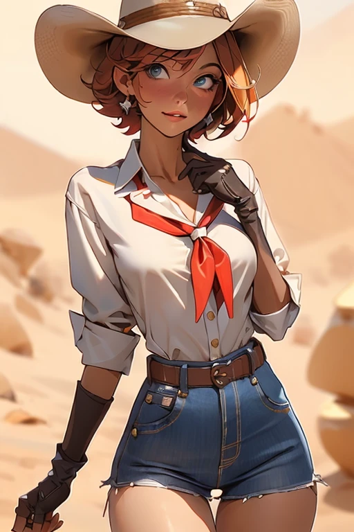 (((((solo))))),(((((masterpiece))))), (((((best quality))))),(((((highly detailed))))), finely detailed, Depth of field, crisp detail, detailed clothes, highres,
1girl, bangs, (beautiful detailed face:1.3), collarbone, collared shirt, ((white shirt)), shirt half open, buttons undone, no bra, several buttons open to show cleavage, show belly, blue eyes, blonde hair, cleavage, ((cowboy)), (cowboy hat:1.3), short gloves. fingerless gloves, hat, medium breasts, navel, neckerchief, red neckerchief, short hair, short shorts, daisy dukes, healthy thighs, gun belt ,cowboy western, sunny desert background, thigh gap, slender knees