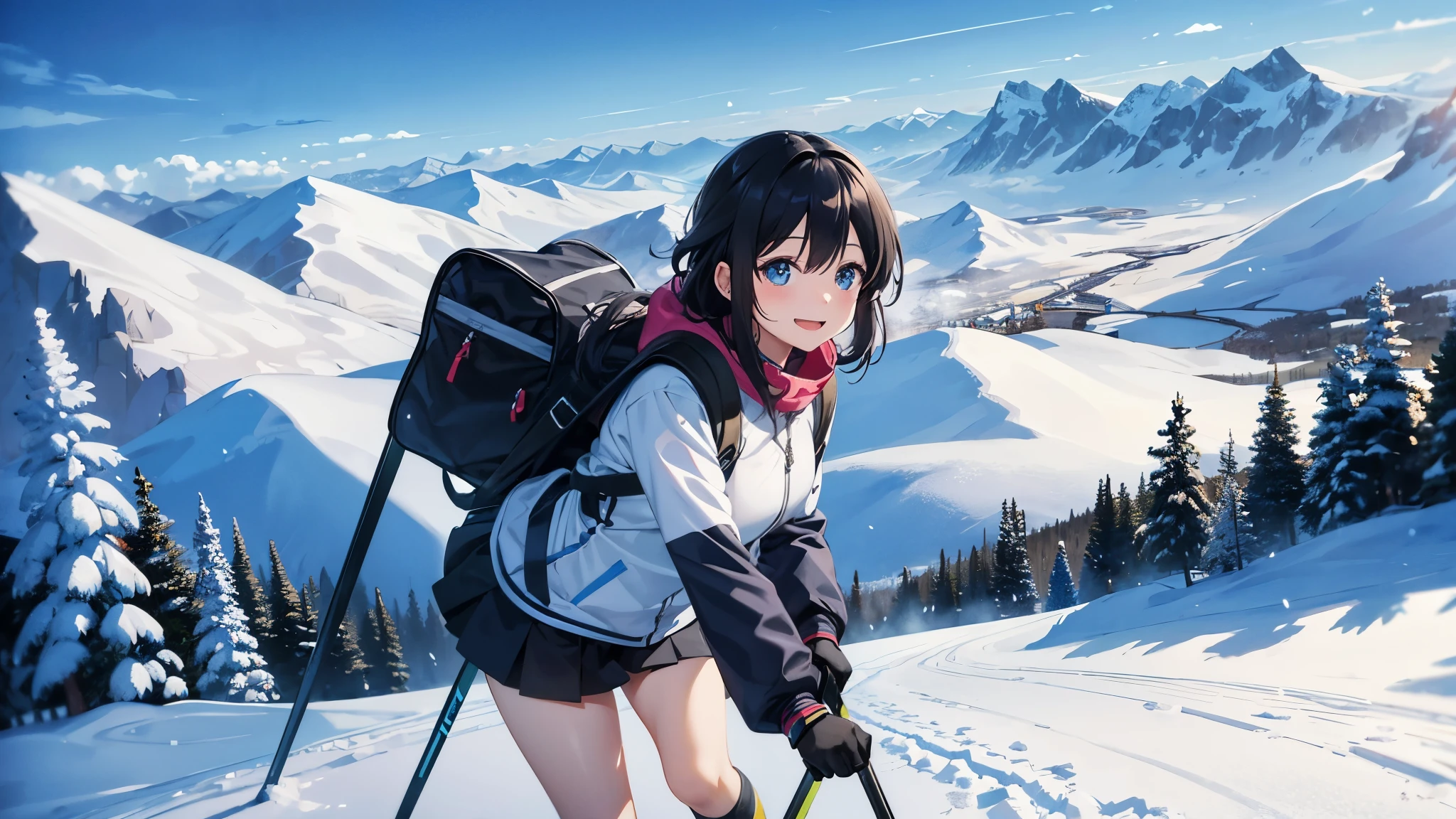 A clear winter day、A young woman who has just finished skiing at a ski resort、A scene of a happy girl smiling as she carries her skis on her shoulders。Hair is black。She was wearing a dark blue ski jacket and backpack.、Snow-covered mountains in the background々And the blue sky spreads out。The art style is anime-like.、The bright colors and dynamic composition convey the fun and active atmosphere of winter sports.。