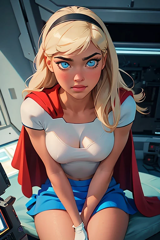 Masterpiece, raw, beautiful art, professional artist, 8k, very detailed face, very detailed hair, 1girl, Supergirl (blonde hair, long hair, hairband, blue eyes, gloves, red cape, short tight blue skirt, white shirt), relaxing on her comfortable bed, in the Justice League space station, hot, horny, aroused, blushing, her hands rubbing her stomach, her hands rubbing her breasts, her hands resting between her thighs, thinking of her girlfriend, missing her lover, no labels, no branding, perfectly drawn body, beautiful face, very detailed eyes, rosey cheeks, intricate details in eyes, puckered lips, perfect fit body, beautiful body, extremely detailed, intricate details, highly detailed, sharp focus, detailed skin, realistic skin texture, texture, detailed eyes, high resolution, kodak vision color, foto_\(ultra\), post-processing, maximum detail, roughness, real life, ultra realistic, photorealism, photography, absurdres, RAW photo, highest quality, high detail RAW color photo, professional photo, extremely detailed UHD 8k wallpaper unit, best quality, highres, (masterpiece, top quality, high resolution:1.4), photo, cinematic, film grain, sharp, soft natural light, magic photography, super detailed