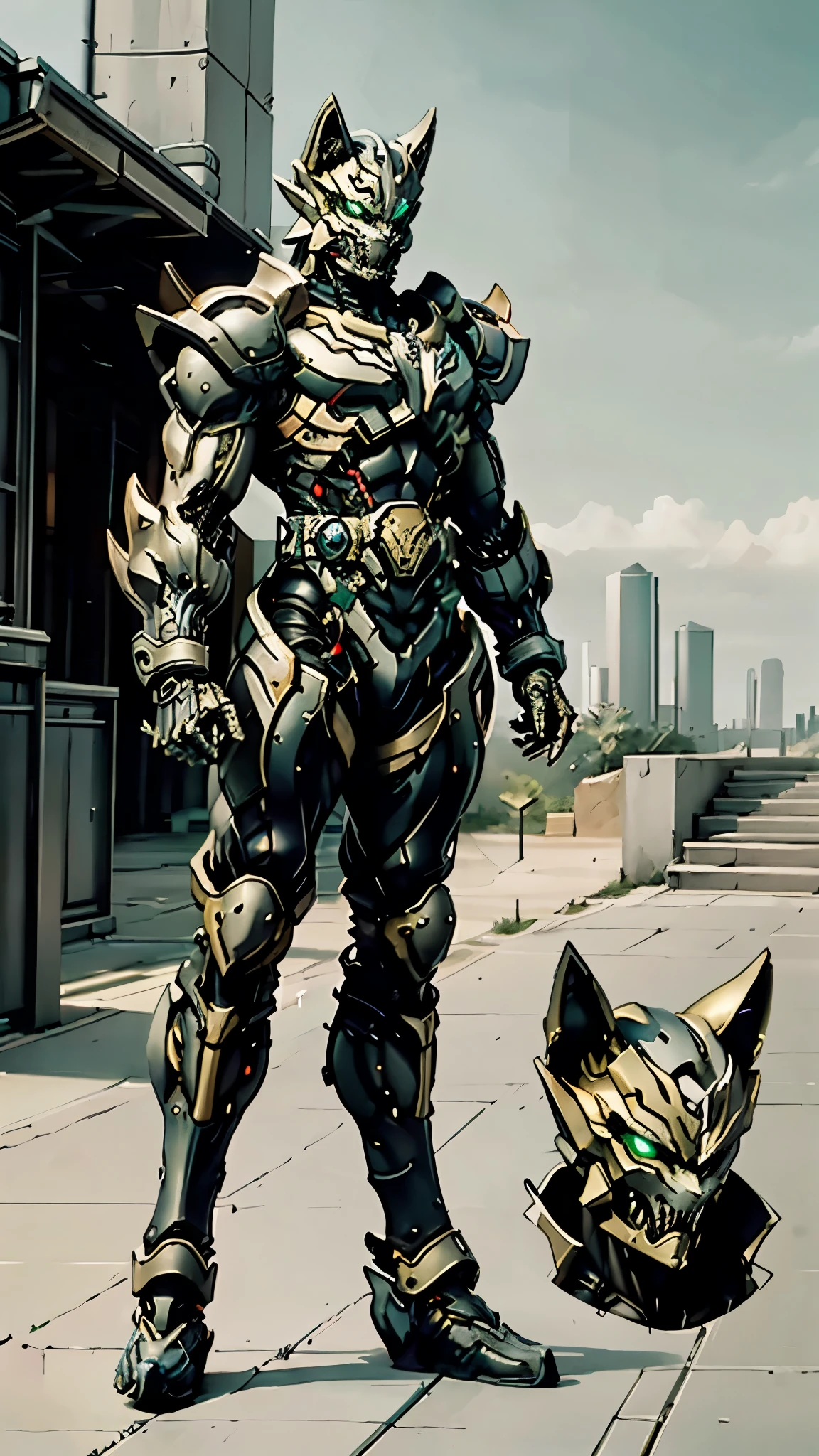 A man wearing a full-face helmet, a fantasy-style biotech armored combat suit, green eyes, (a composite layered chest armor), fully enclosed shoulder guards, matching arm and leg guards, the belt is adorned with fangs biting into orbs, (the color scheme is primarily black with red accents), the design balances heavy with agility, a high-tech bio-mecha armor, (Armor Concept Inspired by Wolf, stand on the top of a skyscraper in a futuristic sci-fi city), this character embodies a finely crafted fantasy-surreal style armored hero in anime style, exquisite and mature manga art style, (element, plasma, energy, the armor glows), ((male:1.5)), metallic, real texture material, dramatic, high definition, best quality, highres, ultra-detailed, ultra-fine painting, extremely delicate, professional, perfect body proportions, golden ratio, anatomically correct, symmetrical face, extremely detailed eyes and face, high quality eyes, creativity, RAW photo, UHD, 32k, Natural light, cinematic lighting, masterpiece-anatomy-perfect, masterpiece:1.5