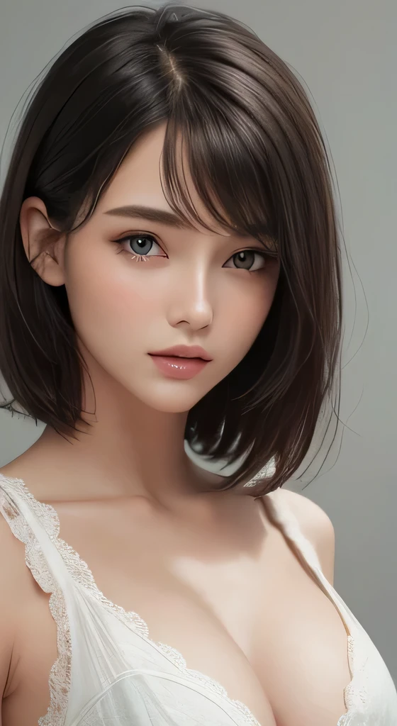 masterpiece, Highest quality, {Highest quality}, {{masterpiece}}, {High resolution}, 8K uhd、RAWphotograph、Model photo shoot、 European race、(masterpiece、Highest quality、Photorealistic、High resolution、photograph:1.3)、Close-up、Focusing、Hot Model、slim、30 year old mature woman、Small face、No makeup、short hair、Dark Hair、Thin beautiful eyes、Real Skin、(perfect body)、Detailed beautiful eyes、Glossy lips、Small breasts、Small breasts、Bust B cup、Realistic details、Cool beauty、Sexy pose、Background gray、Plain gray background