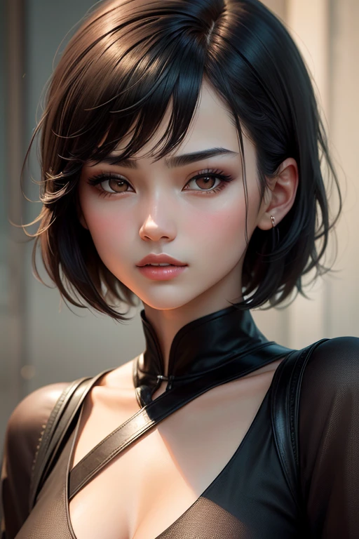 Masterpiece high quality high details realistic face ultra realistic face thin straight face girl with dark black short hair till neck with sharp jawline with chinese tomboy girl fashion