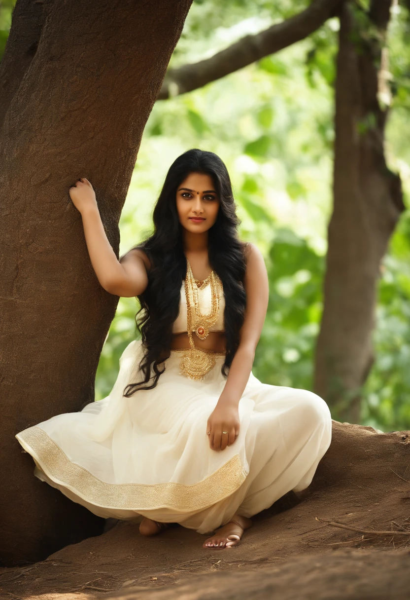 beautify Indian girl, 16 year old, sit on ground, white skin, black hair, sexy dress don't change the face Beautiful Indian girl wearing white full slive earth touching long gaun dress, golden brown belly shoes, very long hair, wearing nose ring, black watch jn hand, rings in hands finger, standing beneath tree. Best quality illusion